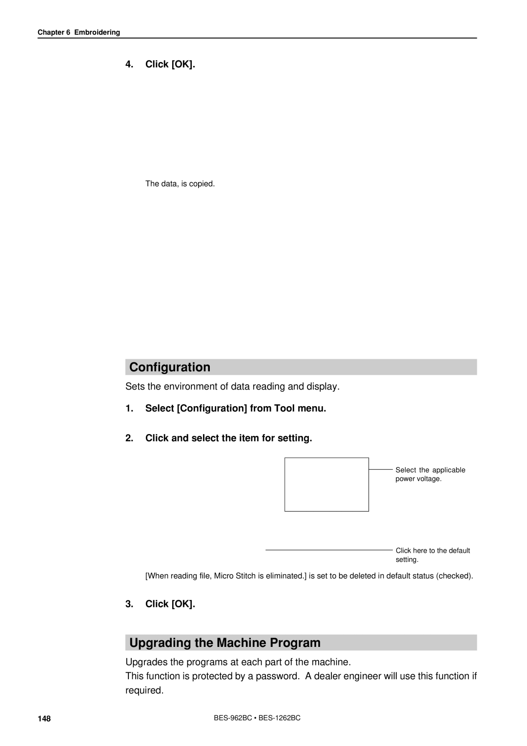 Brother BES-962BC Configuration, Upgrading the Machine Program, Sets the environment of data reading and display 