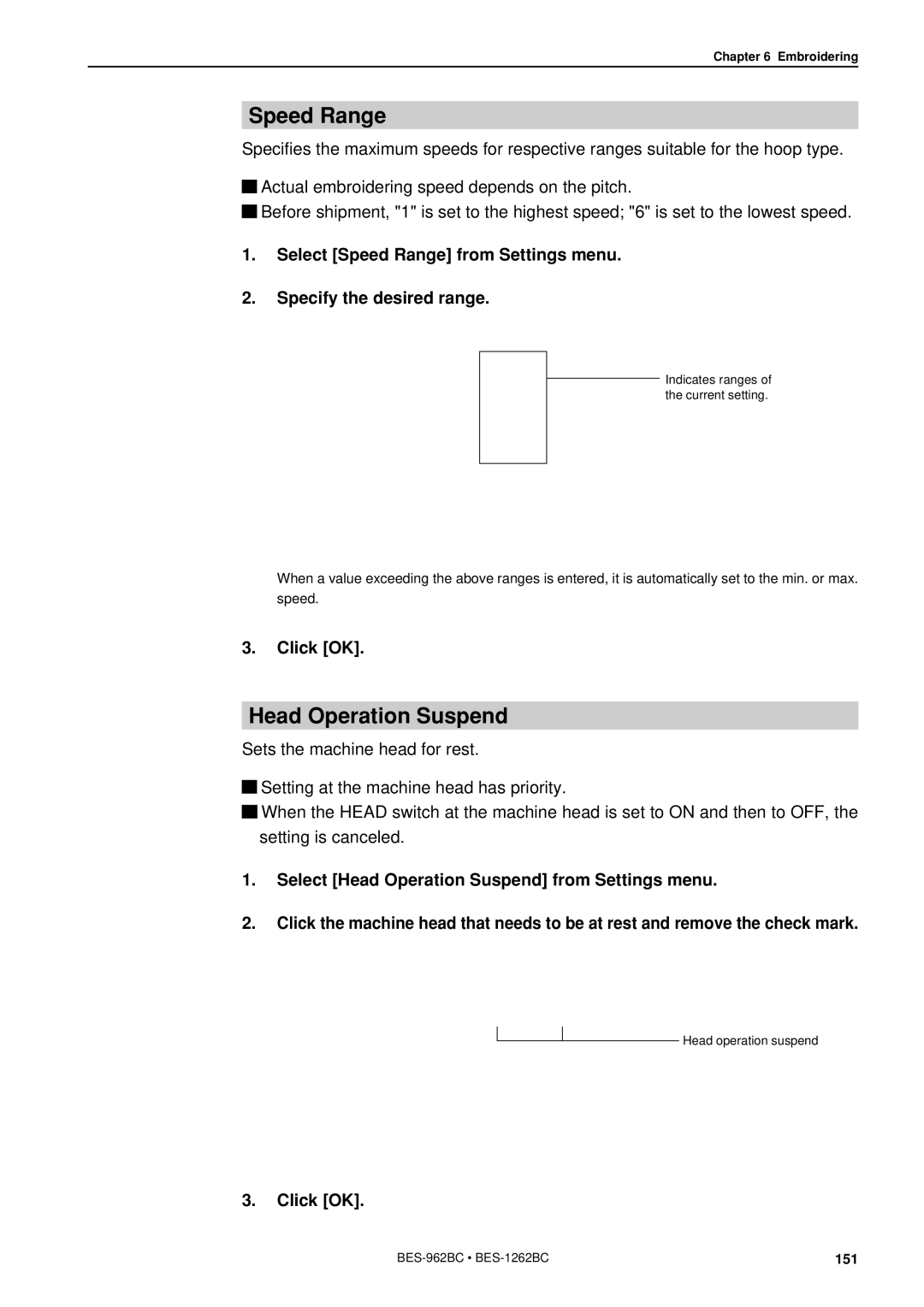 Brother BES-962BC instruction manual Speed Range, Head Operation Suspend 