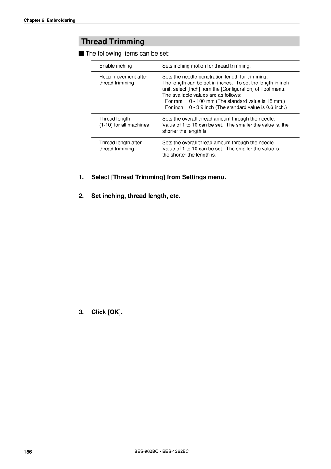 Brother BES-962BC instruction manual Thread Trimming, Following items can be set 