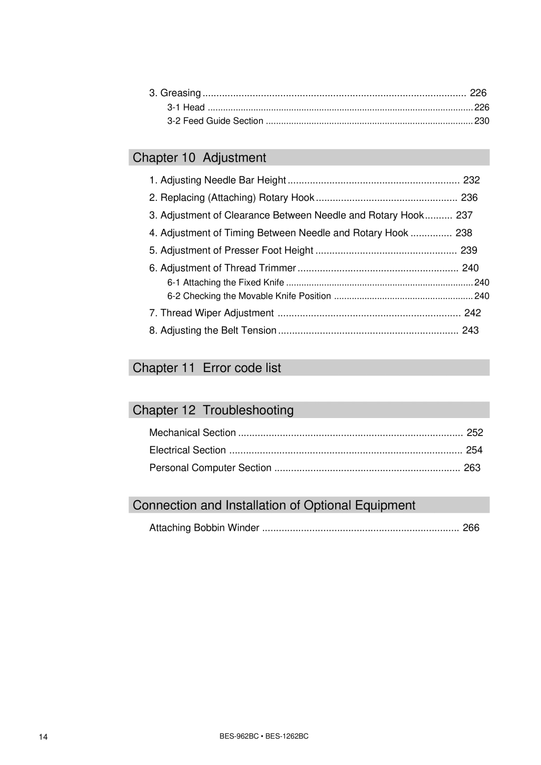 Brother BES-962BC Adjustment, Error code list Troubleshooting, Connection and Installation of Optional Equipment 