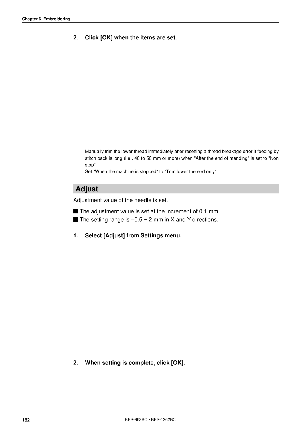 Brother BES-962BC instruction manual Adjust, Click OK when the items are set 