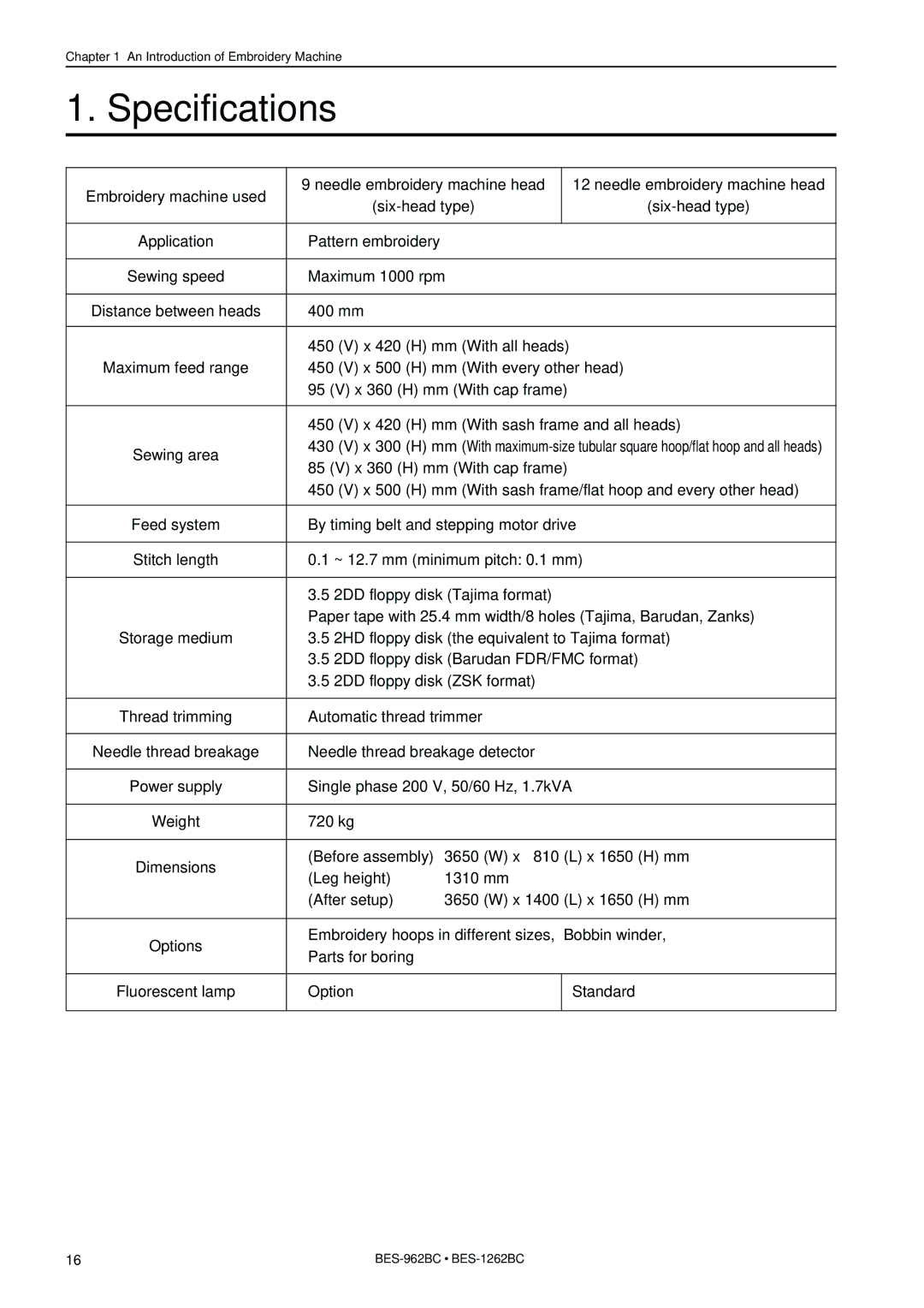 Brother BES-962BC instruction manual Specifications 