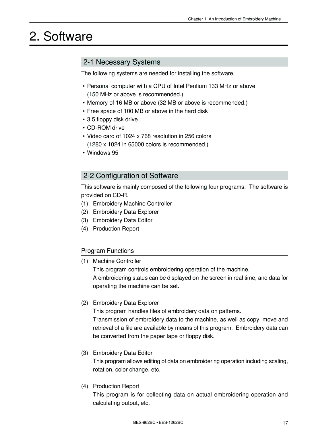 Brother BES-962BC instruction manual Necessary Systems, Configuration of Software, Program Functions 