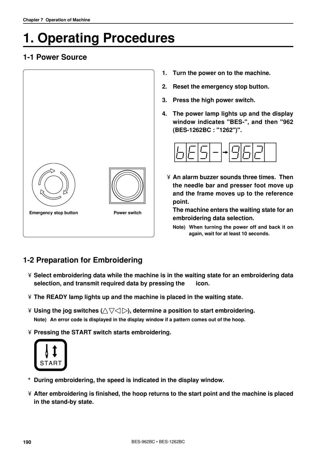 Brother BES-962BC instruction manual Operating Procedures, Power Source, Preparation for Embroidering 