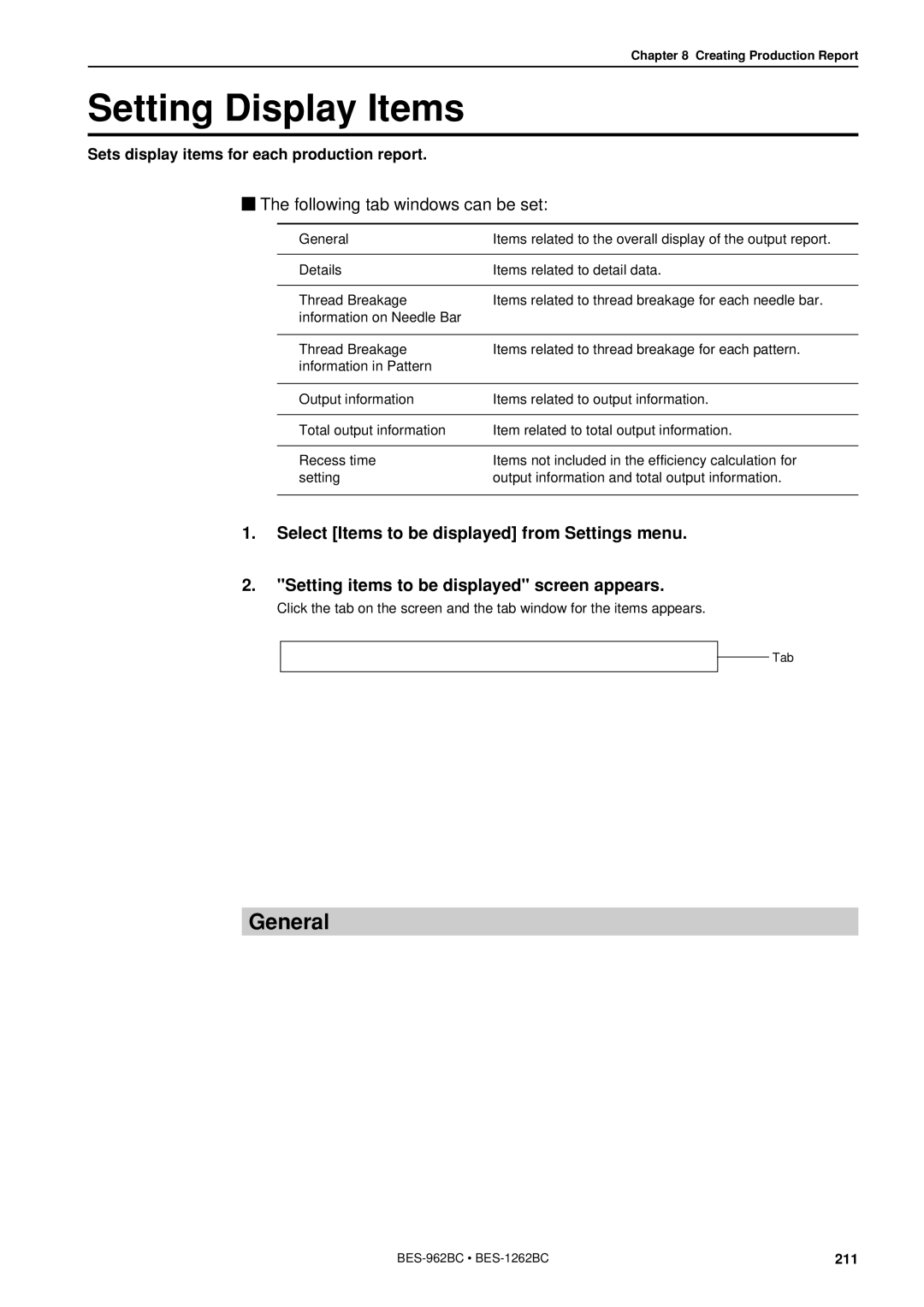 Brother BES-962BC instruction manual Setting Display Items, General, Following tab windows can be set 