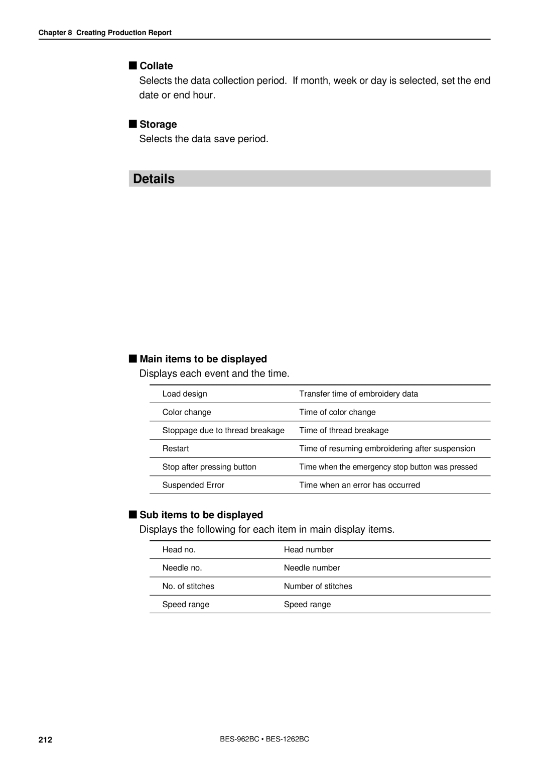 Brother BES-962BC instruction manual Details, Collate, Storage, Main items to be displayed, Sub items to be displayed 