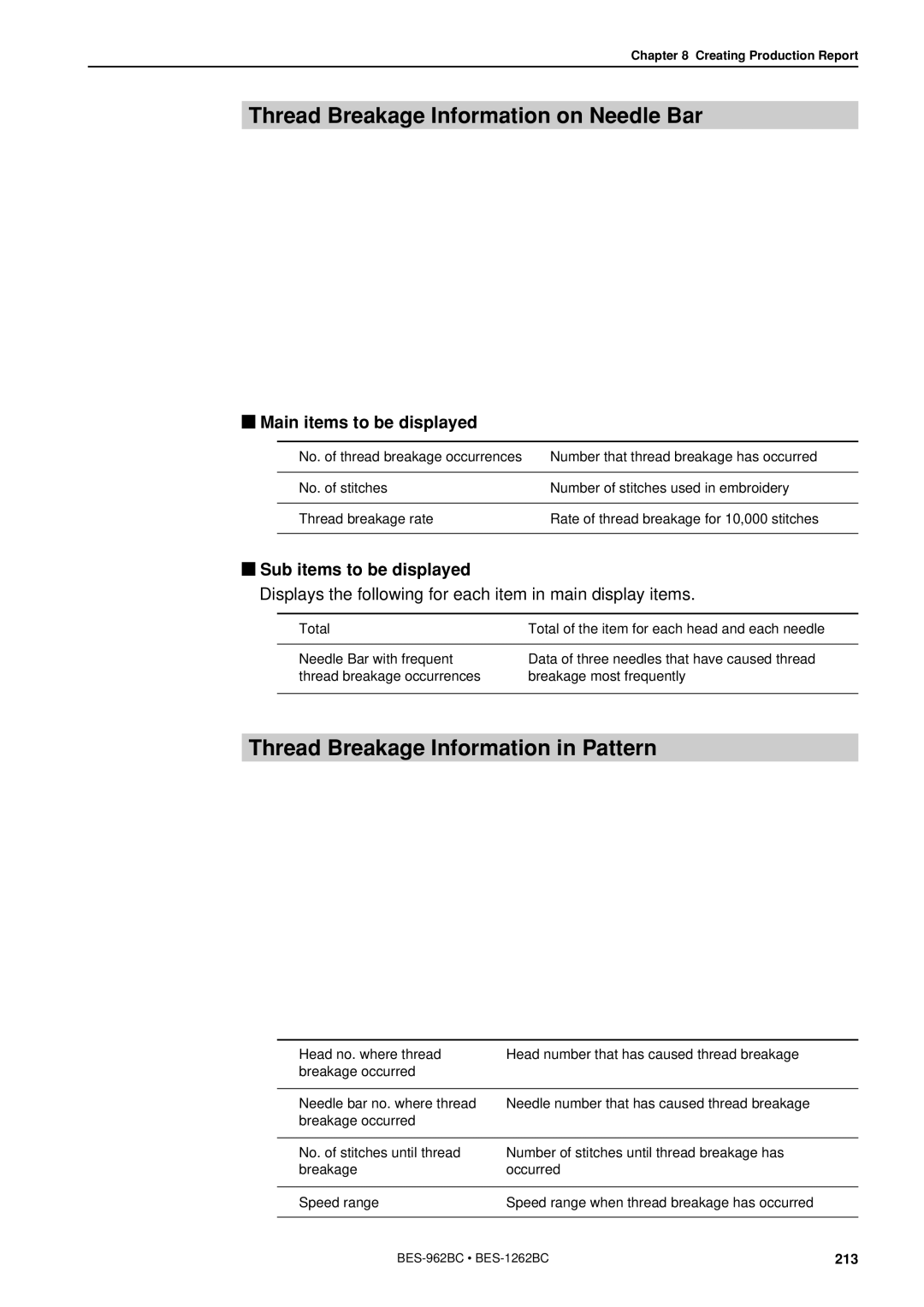 Brother BES-962BC instruction manual Thread Breakage Information on Needle Bar, Thread Breakage Information in Pattern 