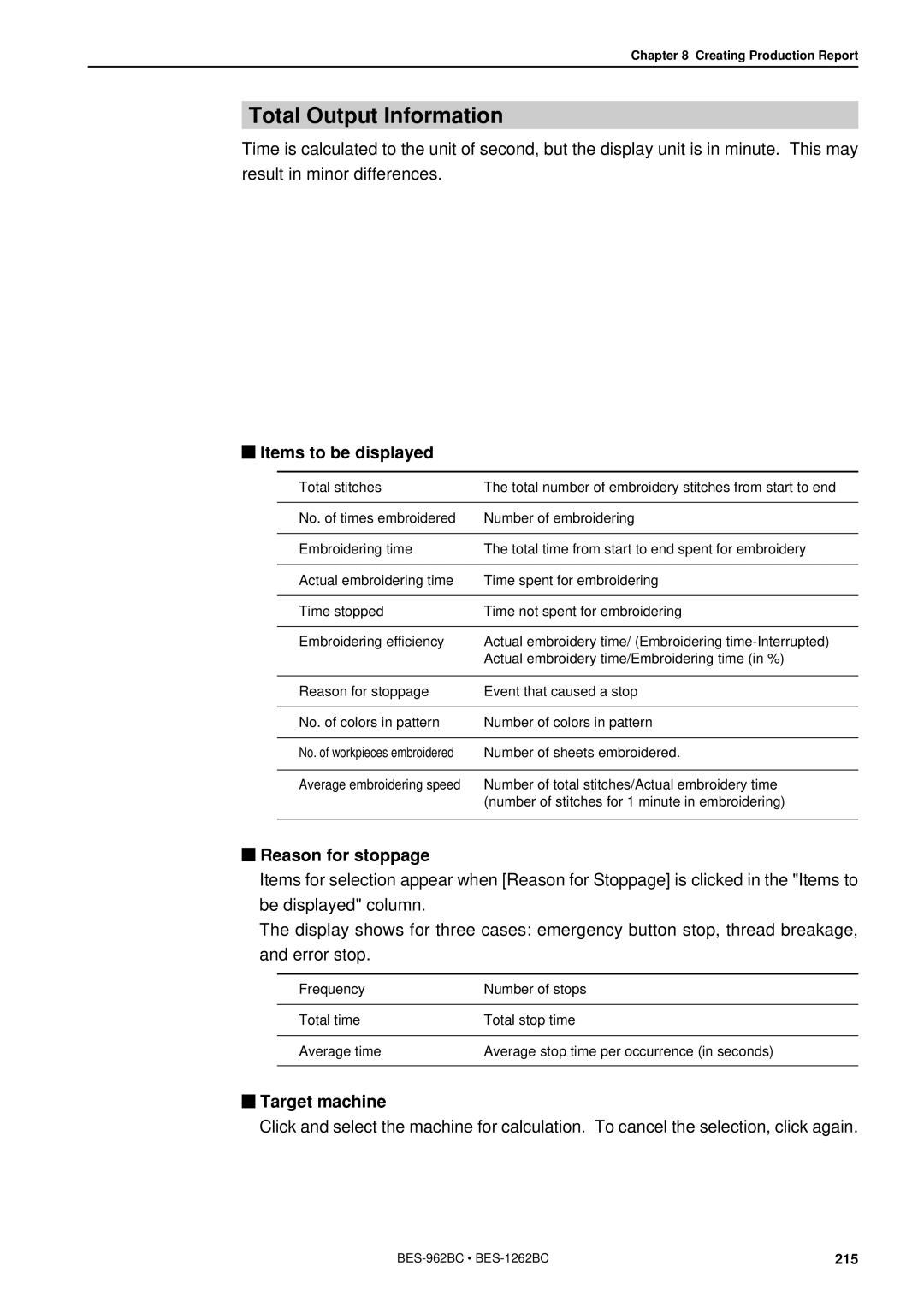 Brother BES-962BC instruction manual Total Output Information, Target machine 