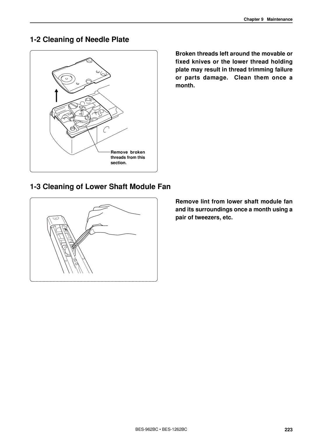 Brother BES-962BC instruction manual Cleaning of Needle Plate, Cleaning of Lower Shaft Module Fan 