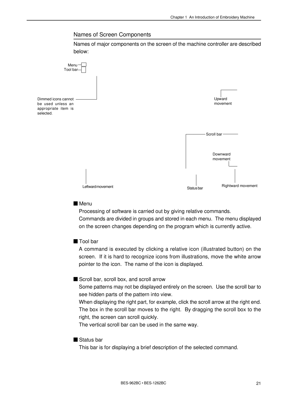 Brother BES-962BC Names of Screen Components, Menu, Tool bar, Scroll bar, scroll box, and scroll arrow, Status bar 