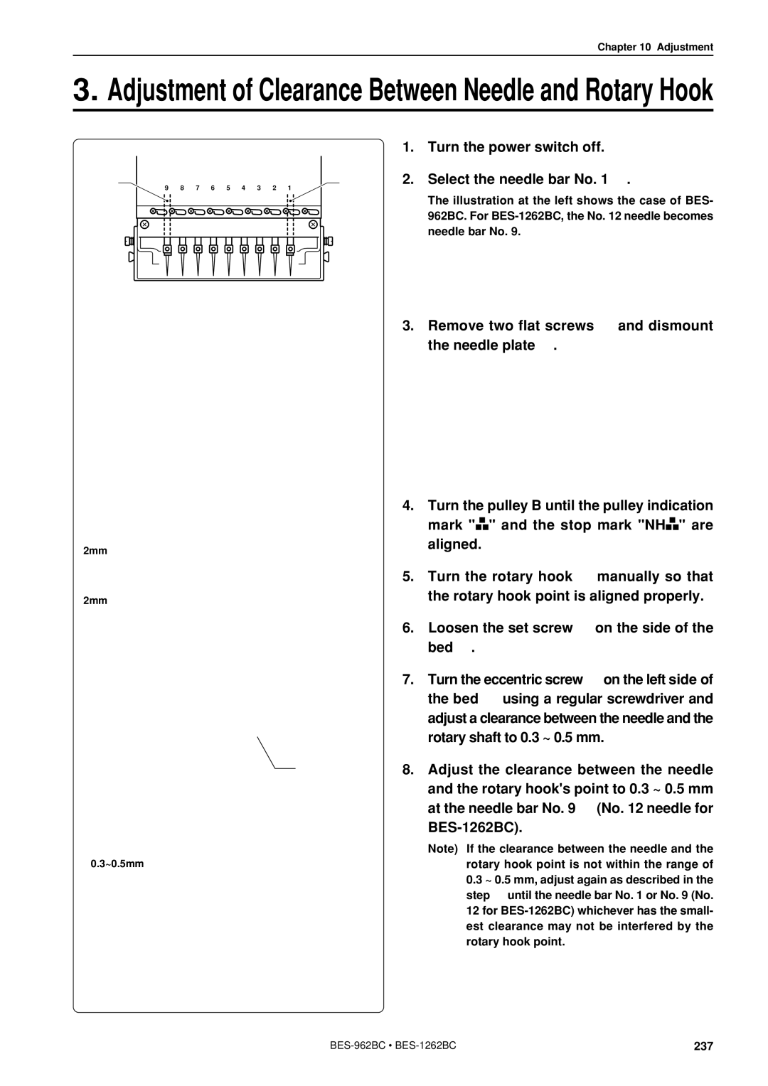 Brother BES-962BC instruction manual Adjustment of Clearance Between Needle and Rotary Hook 