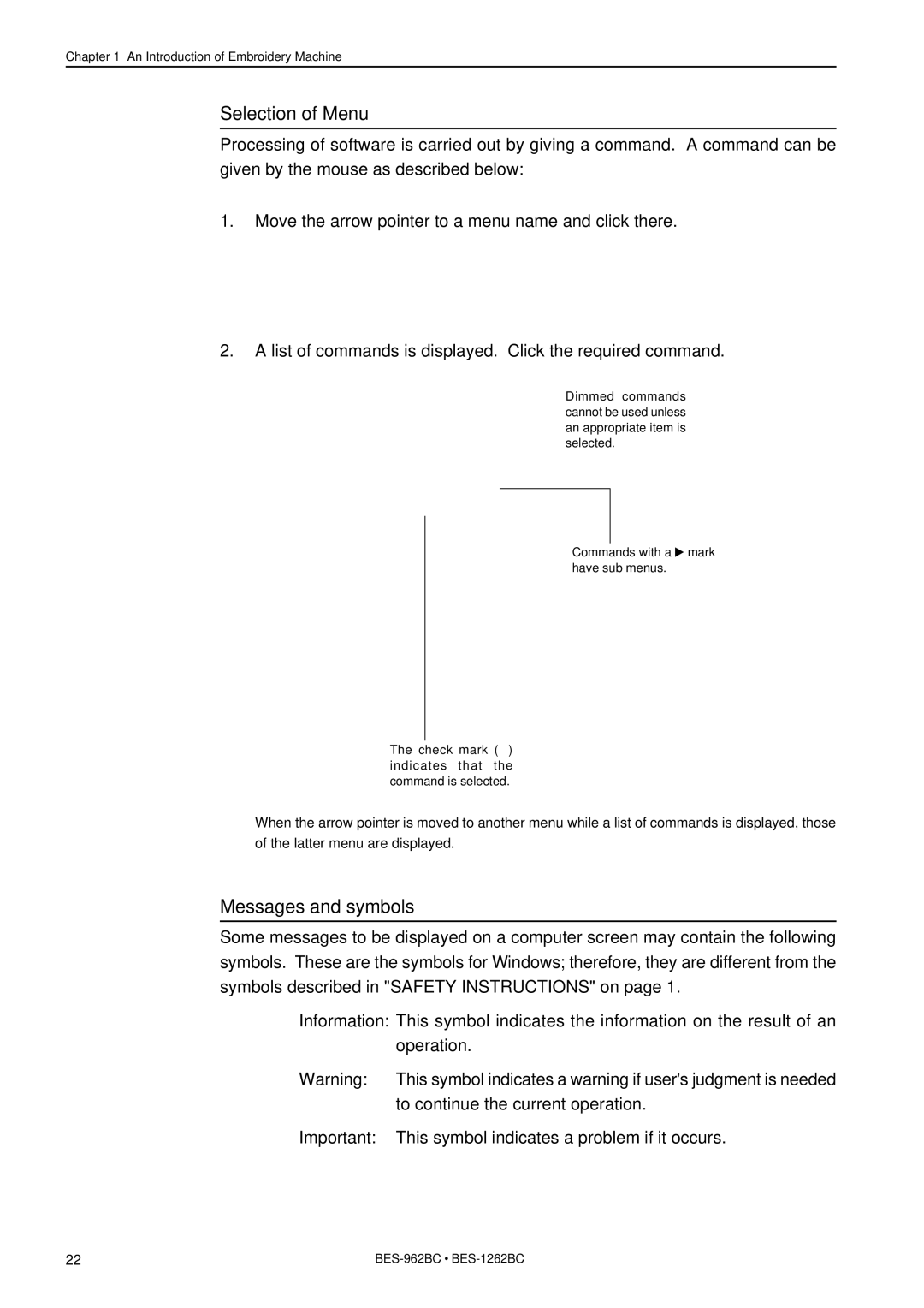 Brother BES-962BC instruction manual Selection of Menu, Messages and symbols, To continue the current operation 