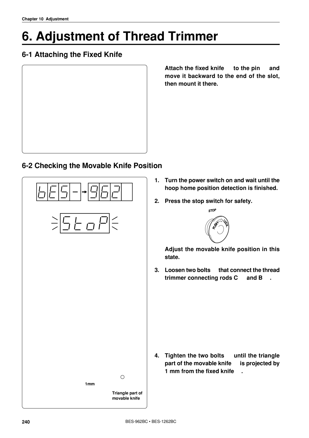 Brother BES-962BC Adjustment of Thread Trimmer, Attaching the Fixed Knife, Checking the Movable Knife Position 