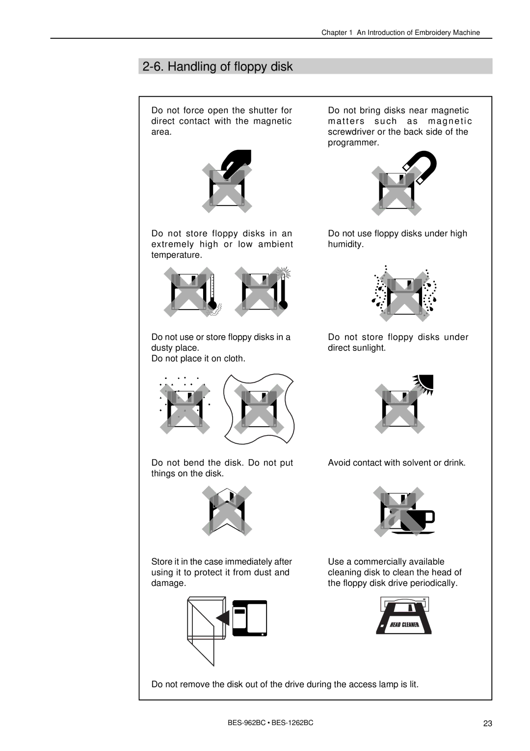 Brother BES-962BC instruction manual Handling of floppy disk 