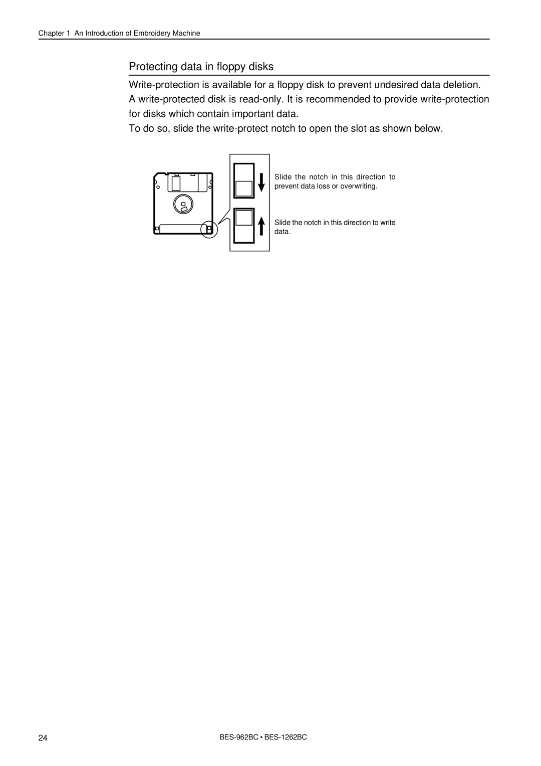 Brother BES-962BC instruction manual Protecting data in floppy disks 