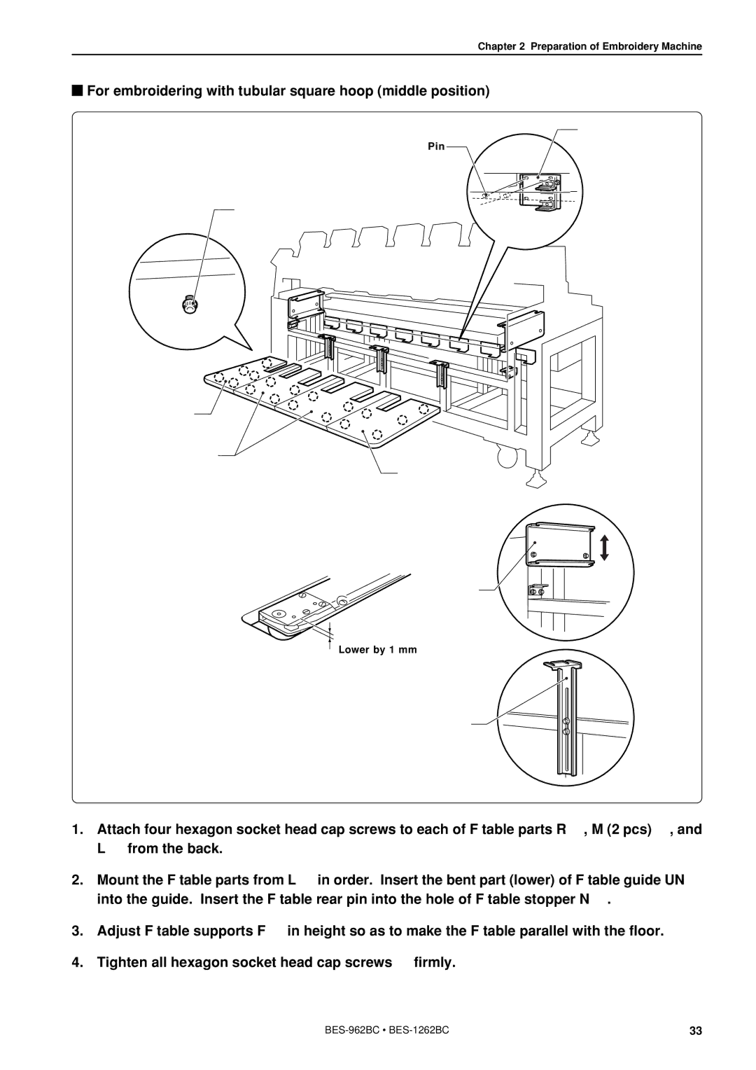 Brother BES-962BC instruction manual For embroidering with tubular square hoop middle position 