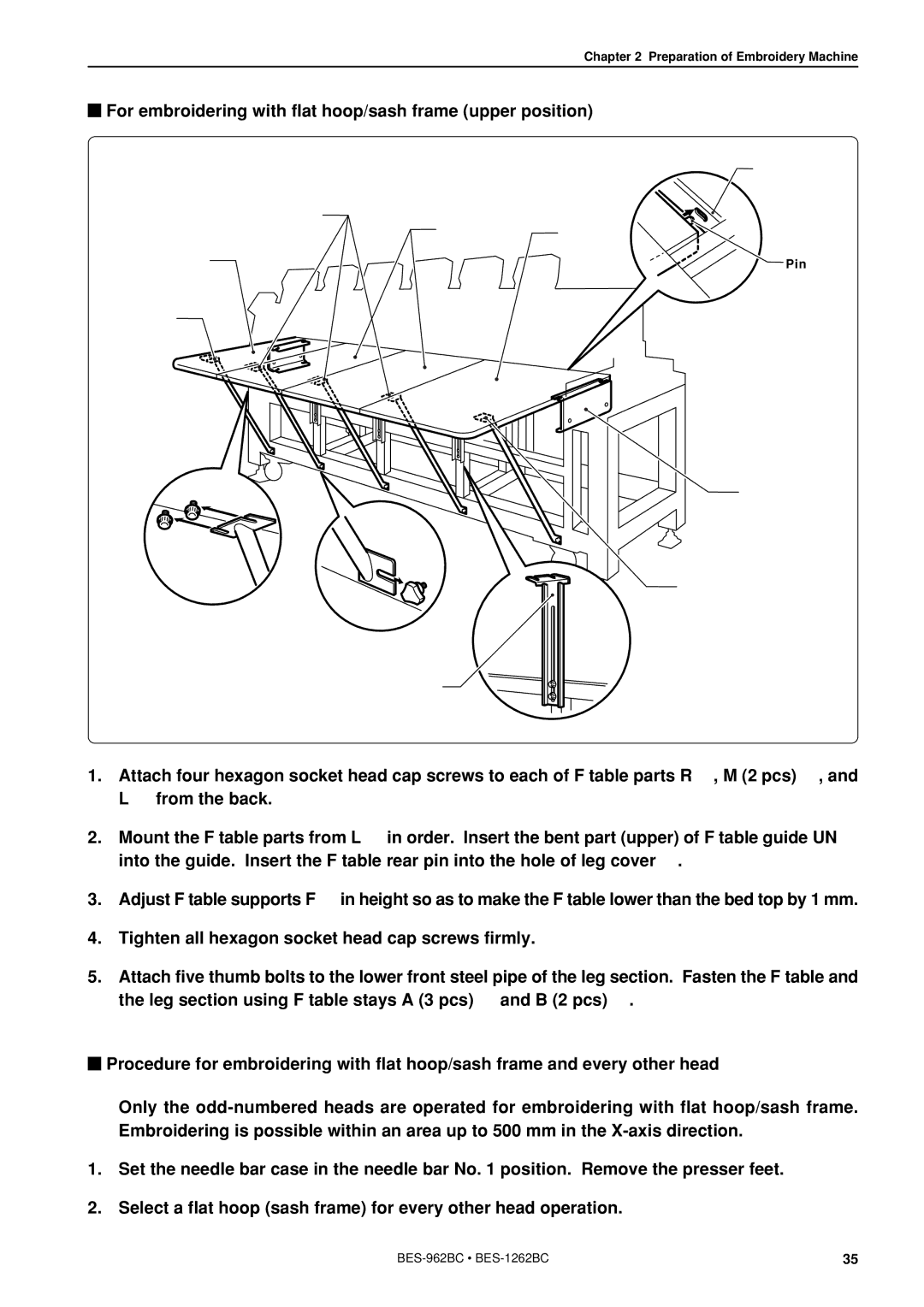 Brother BES-962BC instruction manual For embroidering with flat hoop/sash frame upper position 