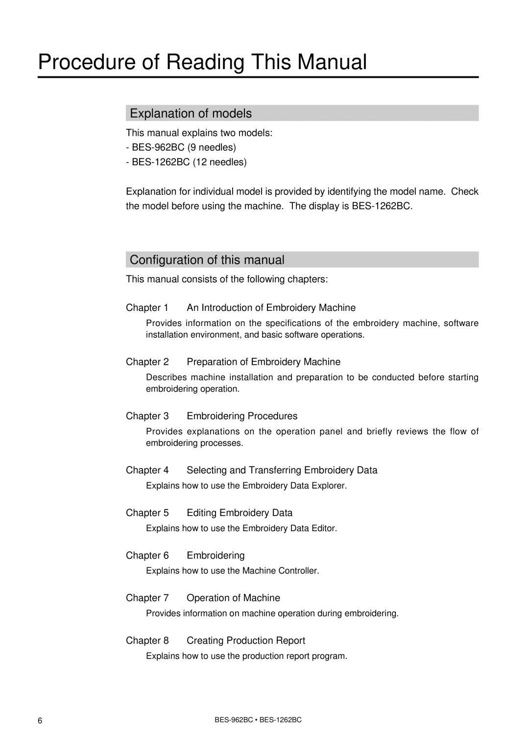 Brother BES-962BC instruction manual Procedure of Reading This Manual, Explanation of models, Configuration of this manual 