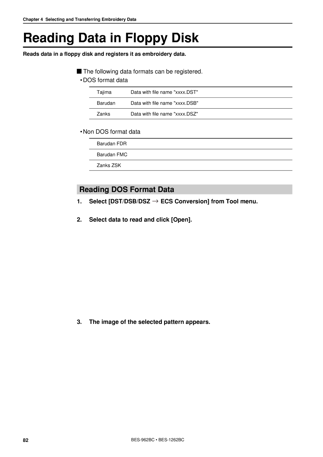 Brother BES-962BC instruction manual Reading Data in Floppy Disk, Reading DOS Format Data, Non DOS format data 