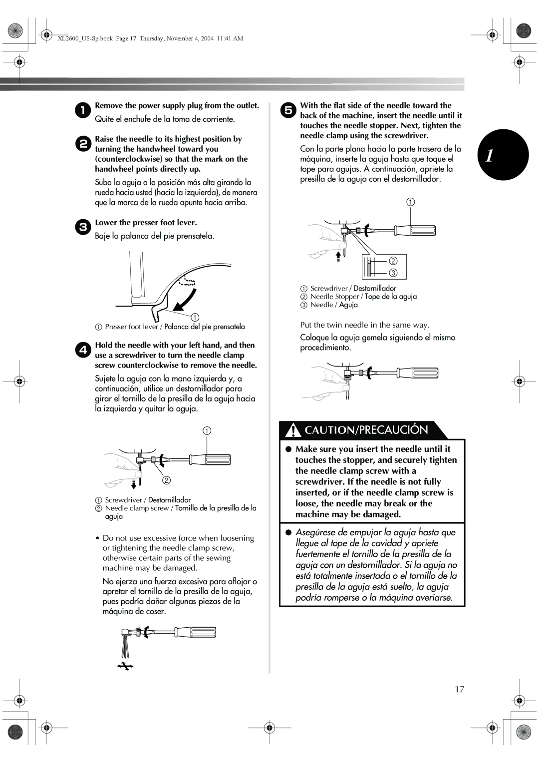 Brother BM-3500, 885-S27 operation manual Presser foot lever / Palanca del pie prensatela 