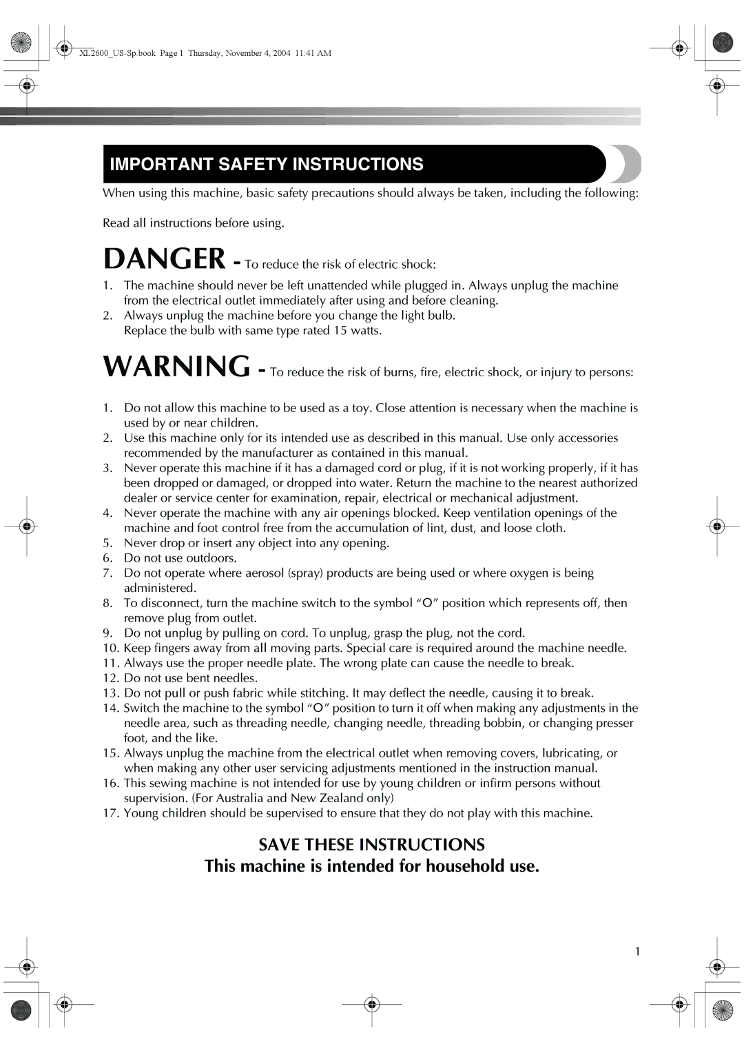 Brother BM-3500, 885-S27 operation manual Important Safety Instructions 