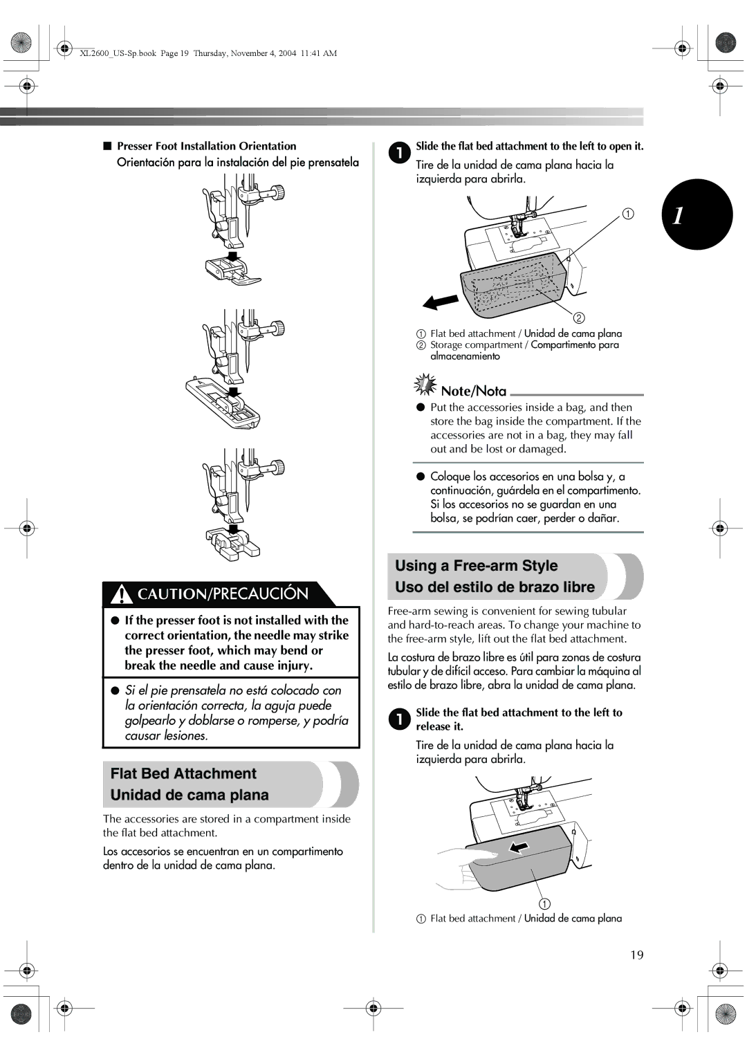 Brother BM-3500, 885-S27 Flat Bed Attachment Unidad de cama plana, Using a Free-arm Style Uso del estilo de brazo libre 