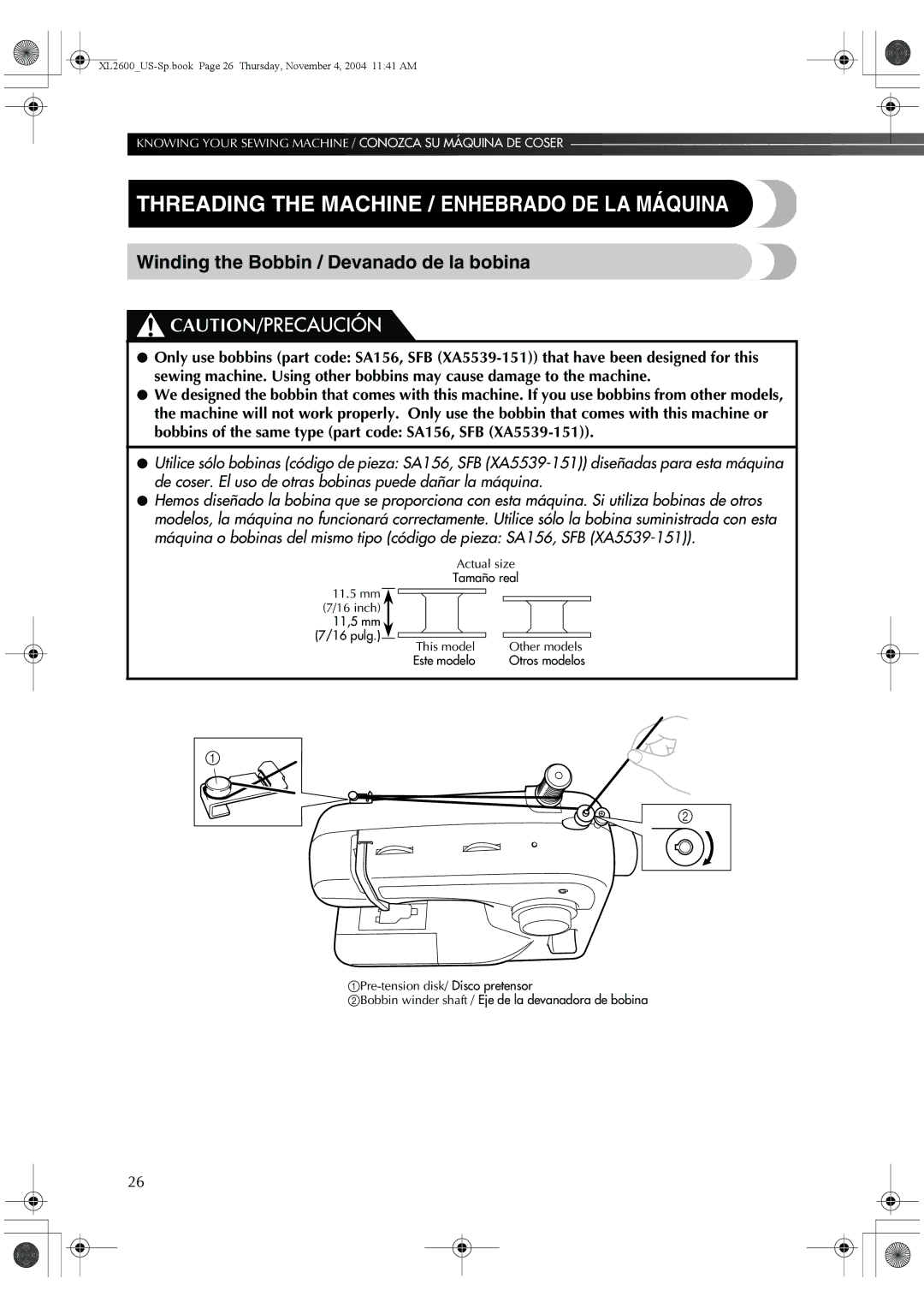 Brother 885-S27, BM-3500 Threading the Machine / Enhebrado DE LA Máquina, Winding the Bobbin / Devanado de la bobina 