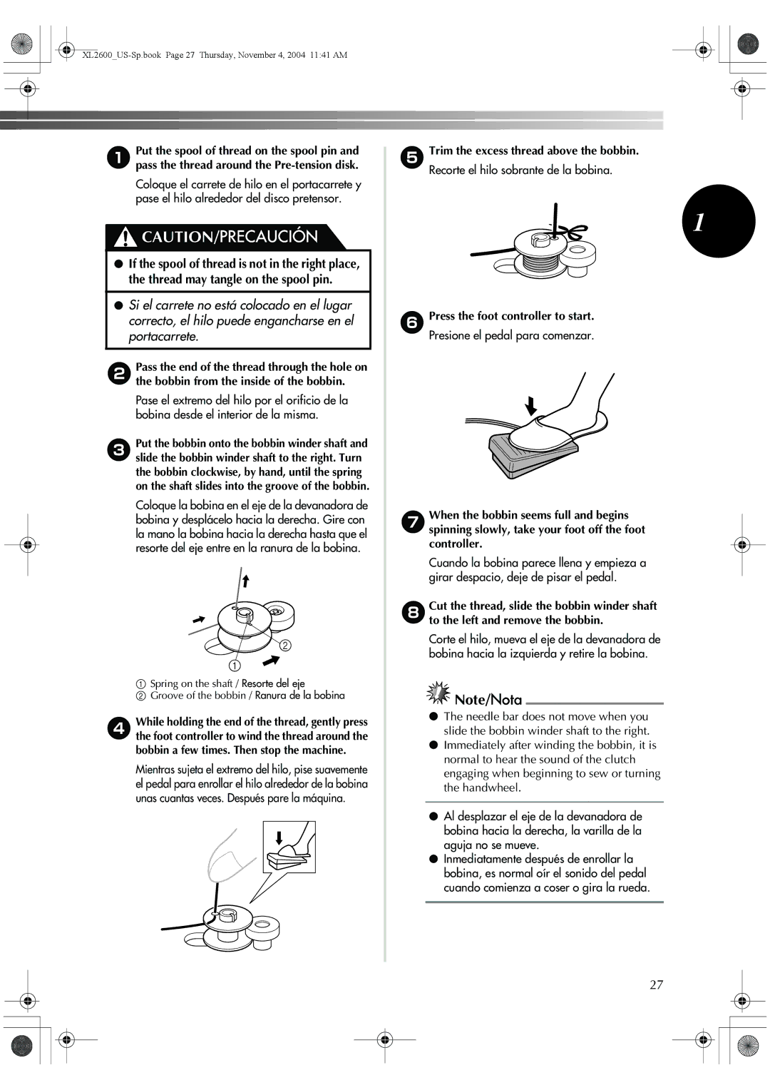 Brother BM-3500, 885-S27 operation manual XL2600US-Sp.book Page 27 Thursday, November 4, 2004 1141 AM 