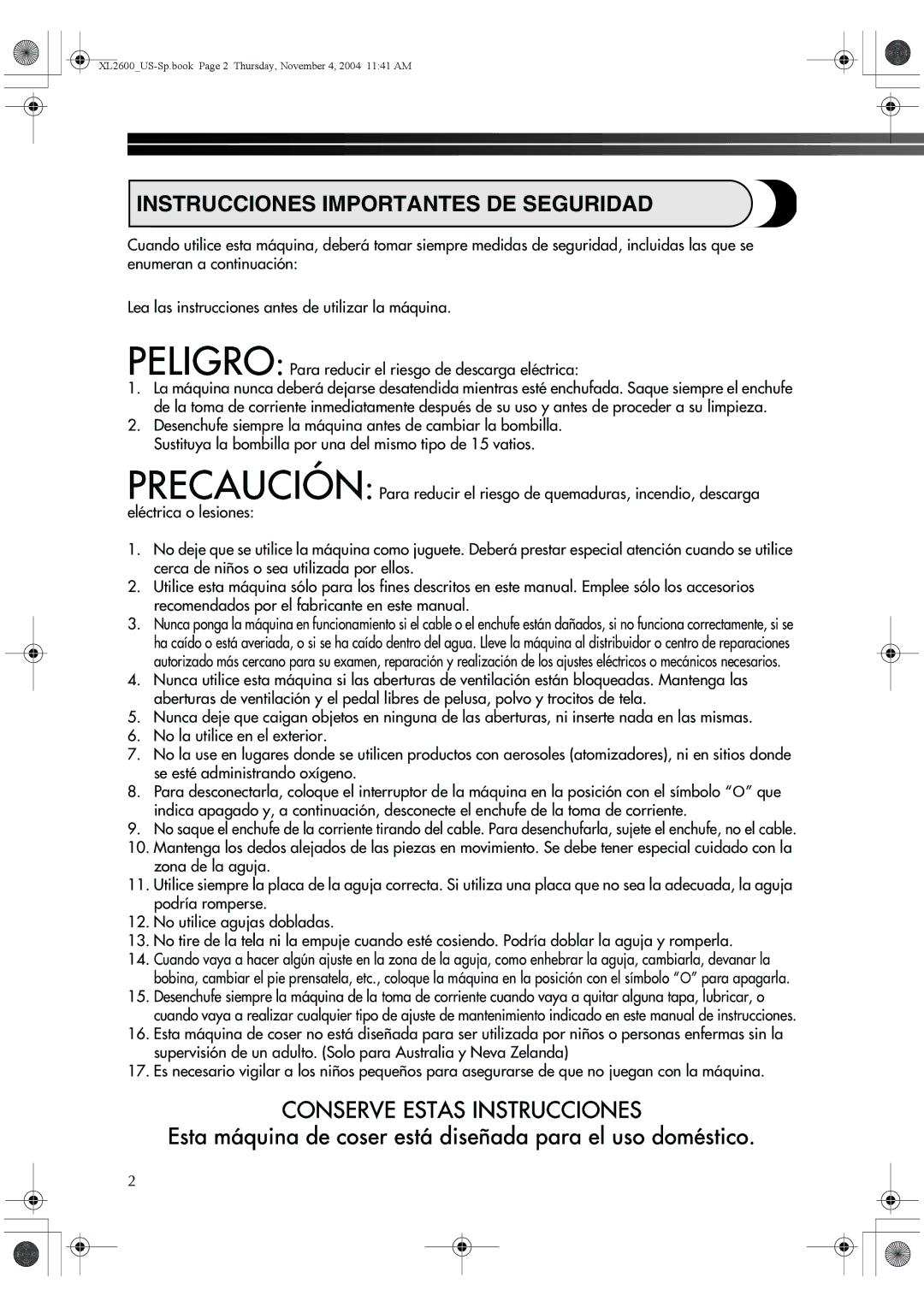 Brother 885-S27, BM-3500 operation manual Instrucciones Importantes DE Seguridad 