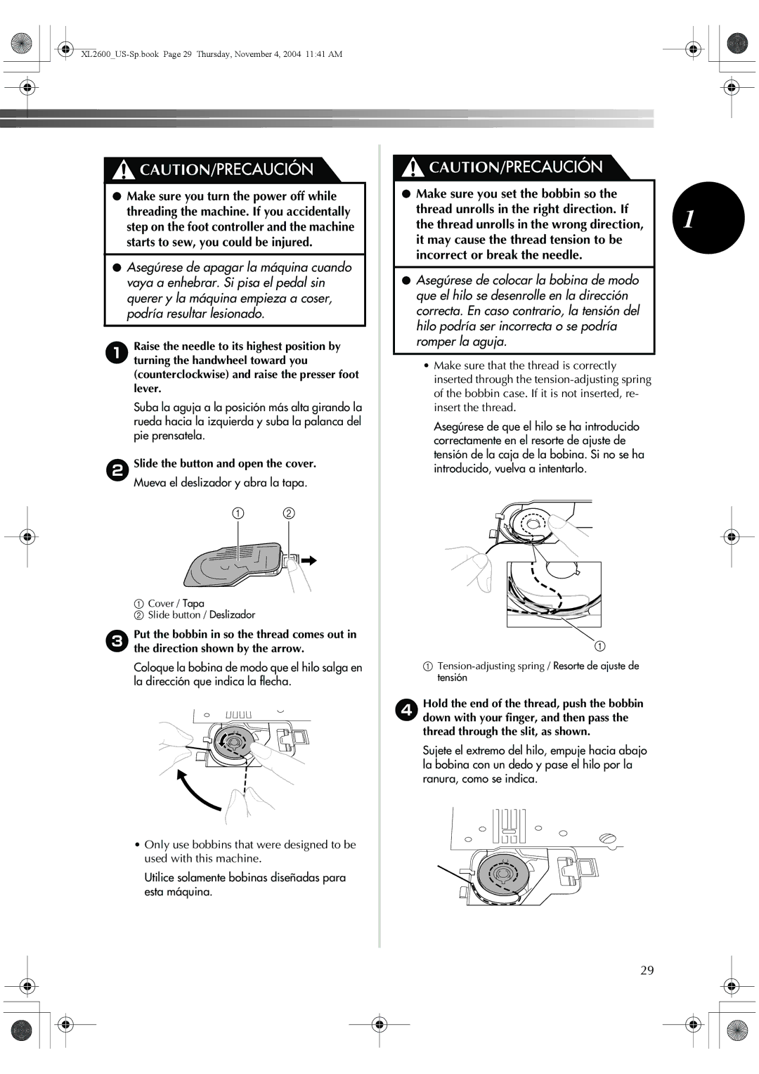 Brother BM-3500, 885-S27 operation manual Cover / Tapa Slide button / Deslizador 