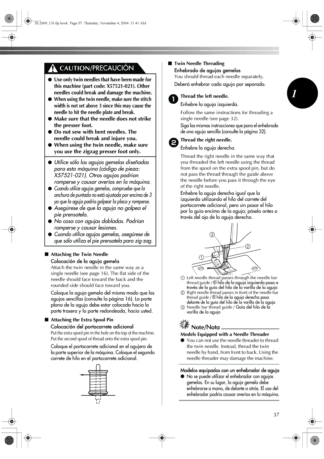 Brother BM-3500, 885-S27 operation manual Attaching the Twin Needle Colocación de la aguja gemela, 1Thread the left needle 