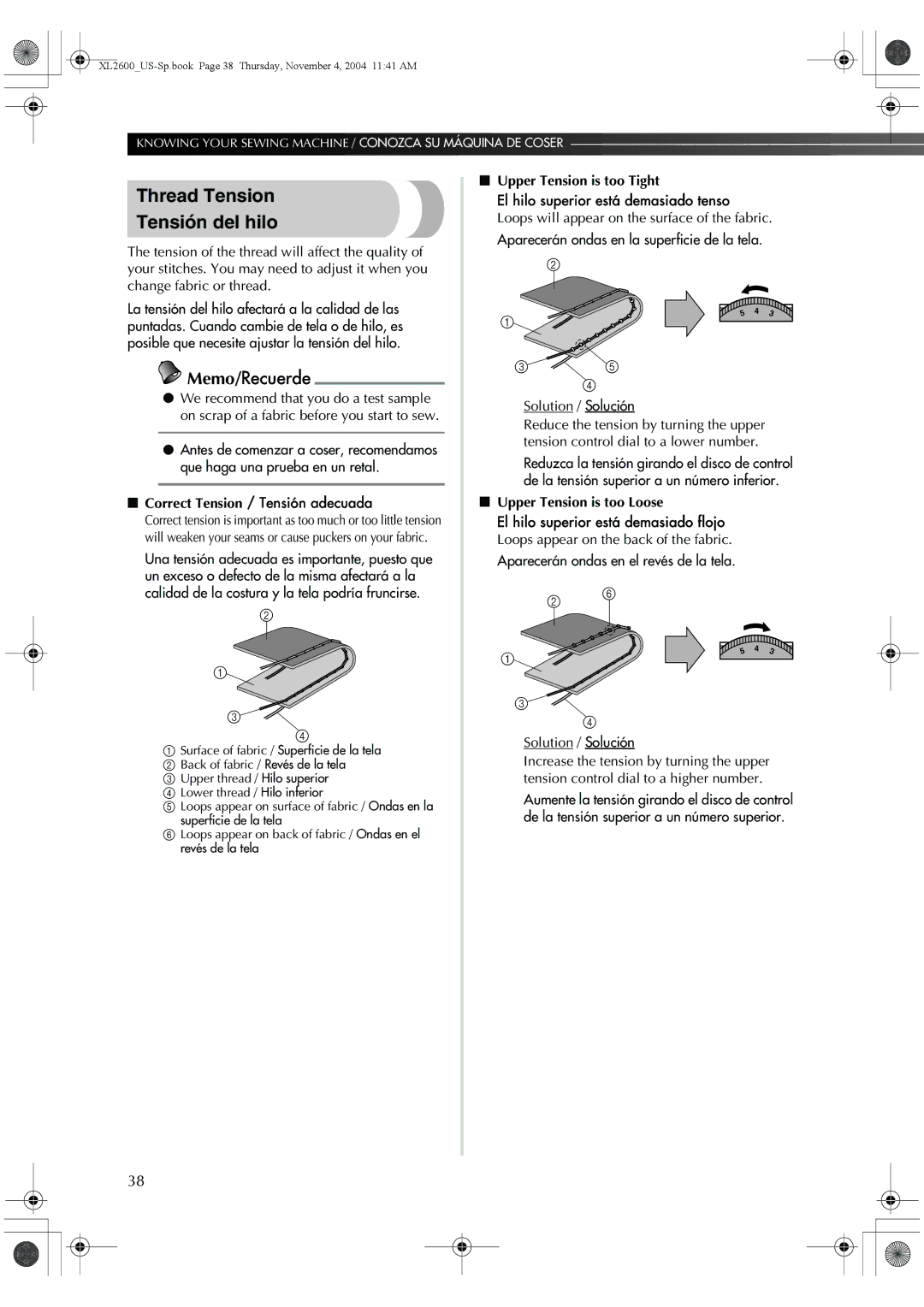 Brother 885-S27, BM-3500 Thread Tension Tensión del hilo, Correct Tension / Tensión adecuada, Upper Tension is too Tight 