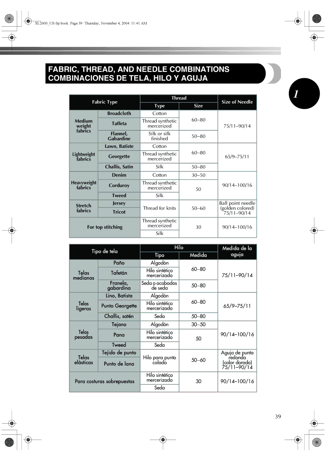 Brother BM-3500, 885-S27 operation manual Fabric Type Thread Size of Needle, Tipo de tela Hilo Medida de la, Medida Aguja 