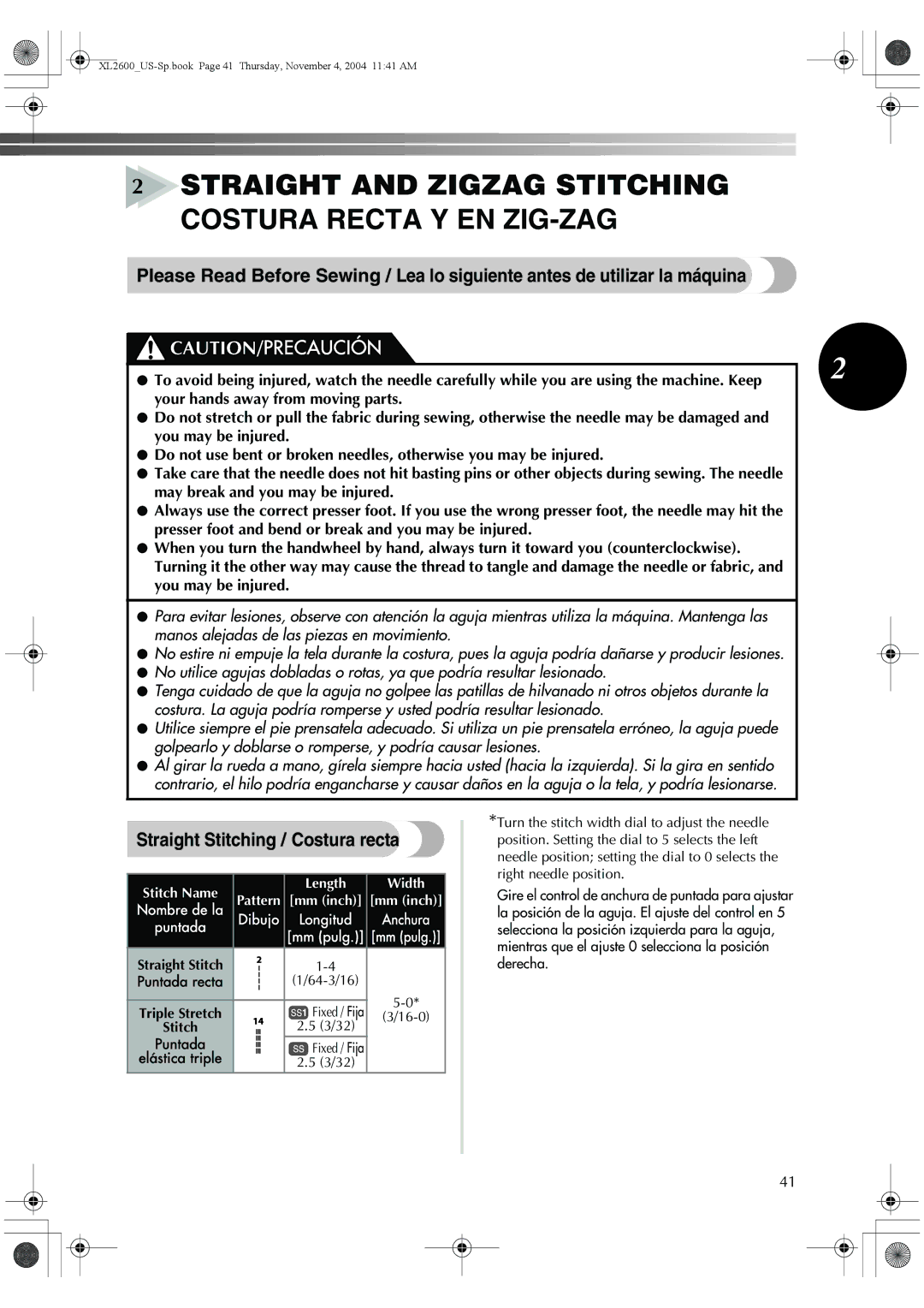 Brother BM-3500, 885-S27 operation manual Straight Stitching / Costura recta 