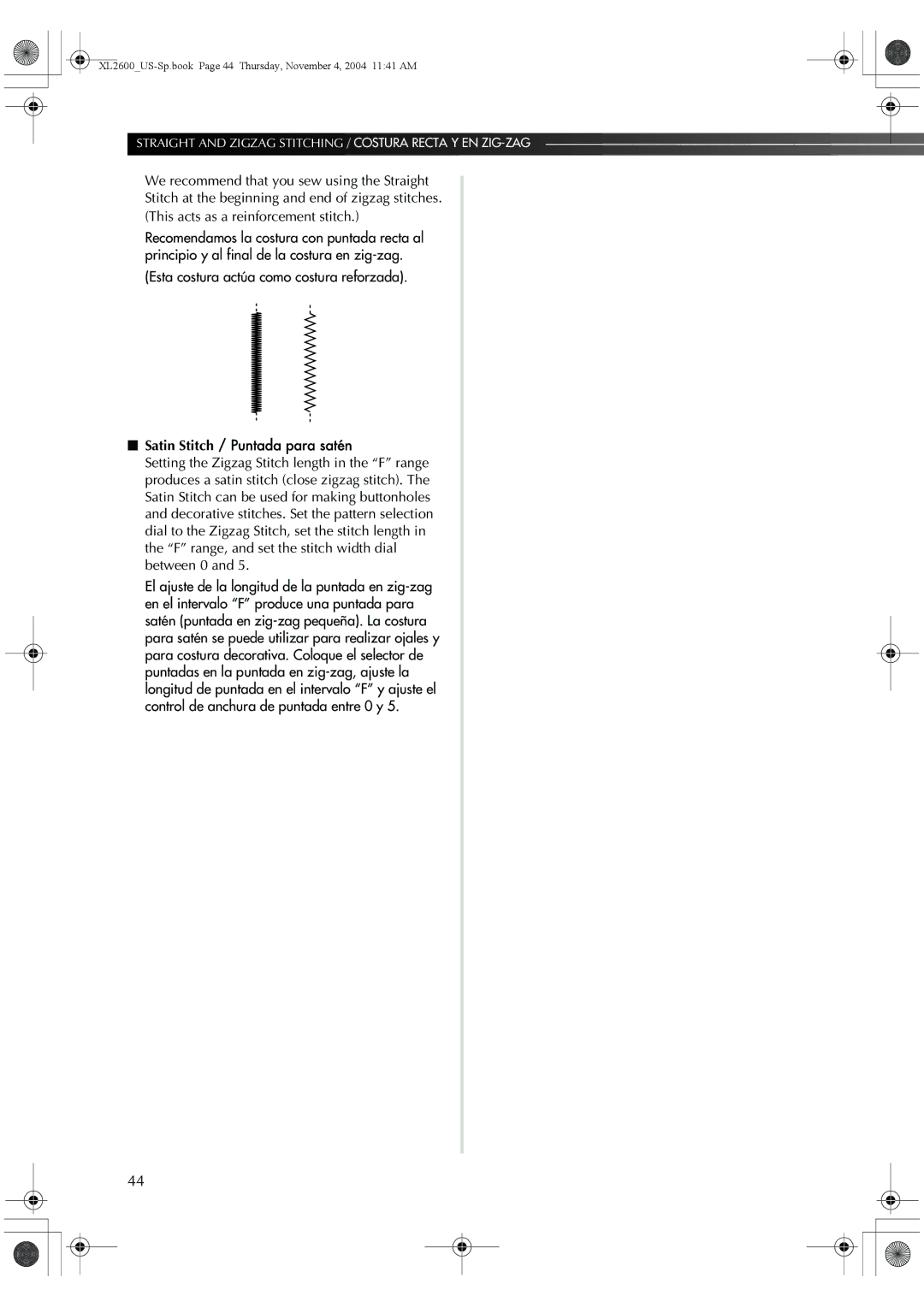 Brother 885-S27, BM-3500 operation manual Esta costura actúa como costura reforzada, Satin Stitch / Puntada para satén 