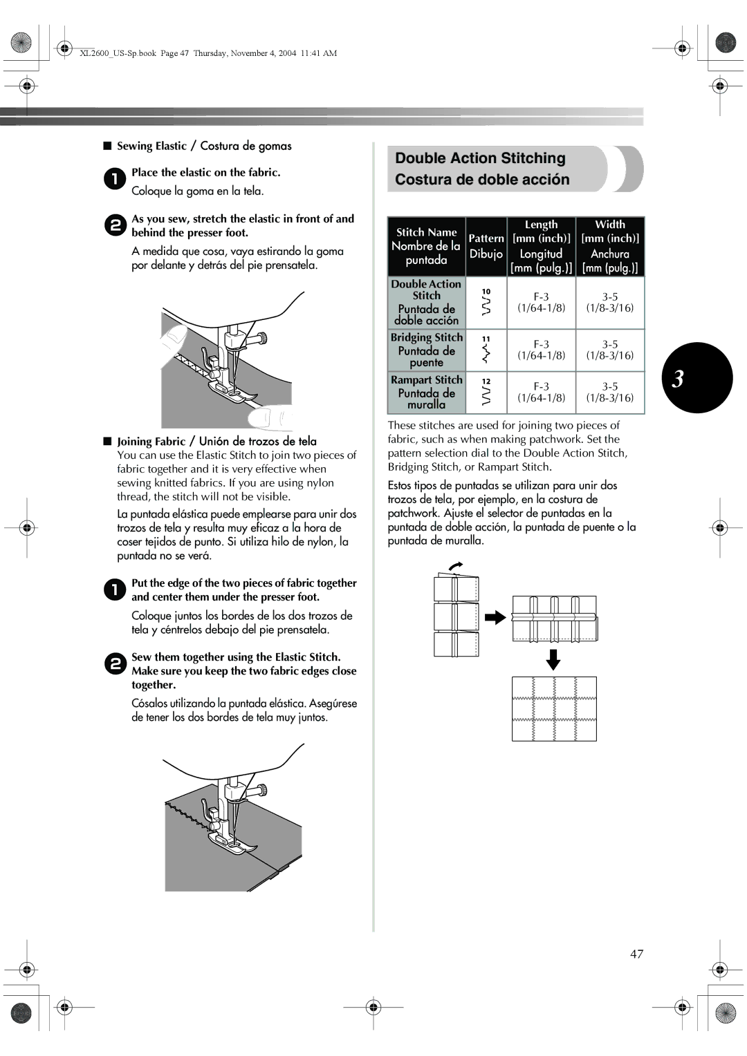 Brother BM-3500, 885-S27 operation manual Double Action Stitching Costura de doble acción, Sewing Elastic / Costura de gomas 