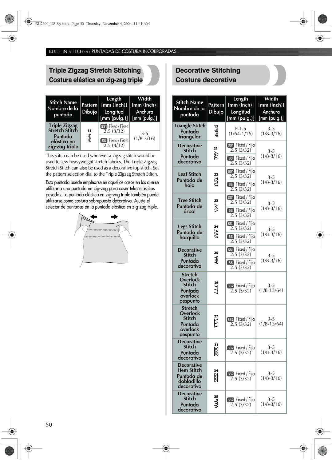 Brother 885-S27, BM-3500 operation manual Decorative Stitching Costura decorativa, Zig-zag triple, Puntada, Hoja, Dobladillo 