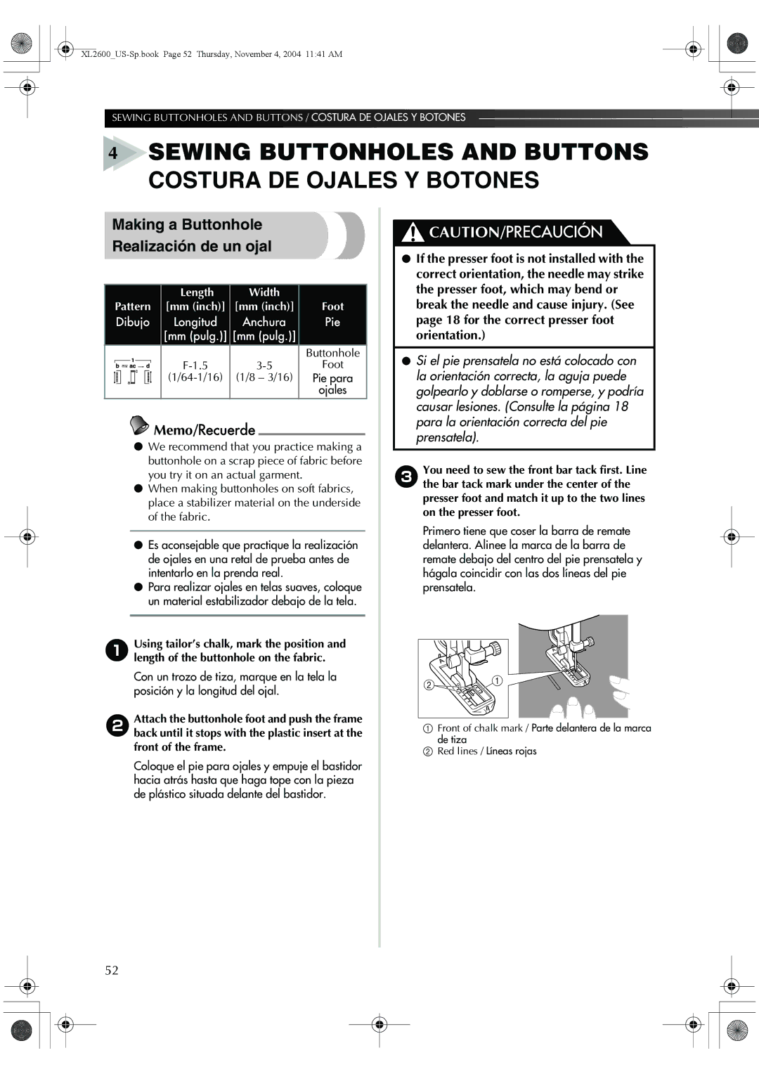 Brother 885-S27, BM-3500 operation manual Making a Buttonhole Realización de un ojal, Length Width Pattern, Foot, Ojales 