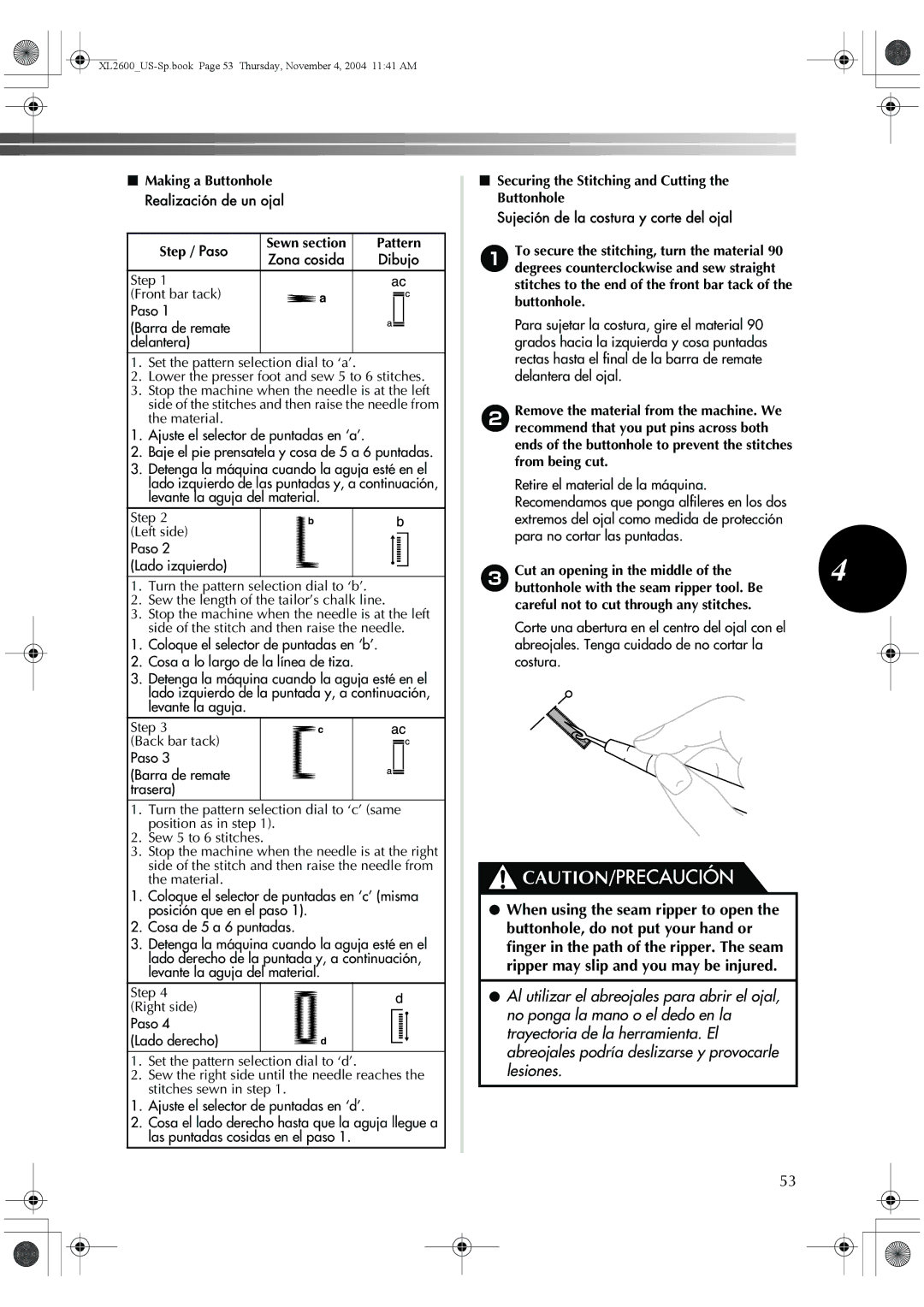 Brother BM-3500, 885-S27 Making a Buttonhole Realización de un ojal Step / Paso, Pattern, Zona cosida Dibujo, Lado derecho 