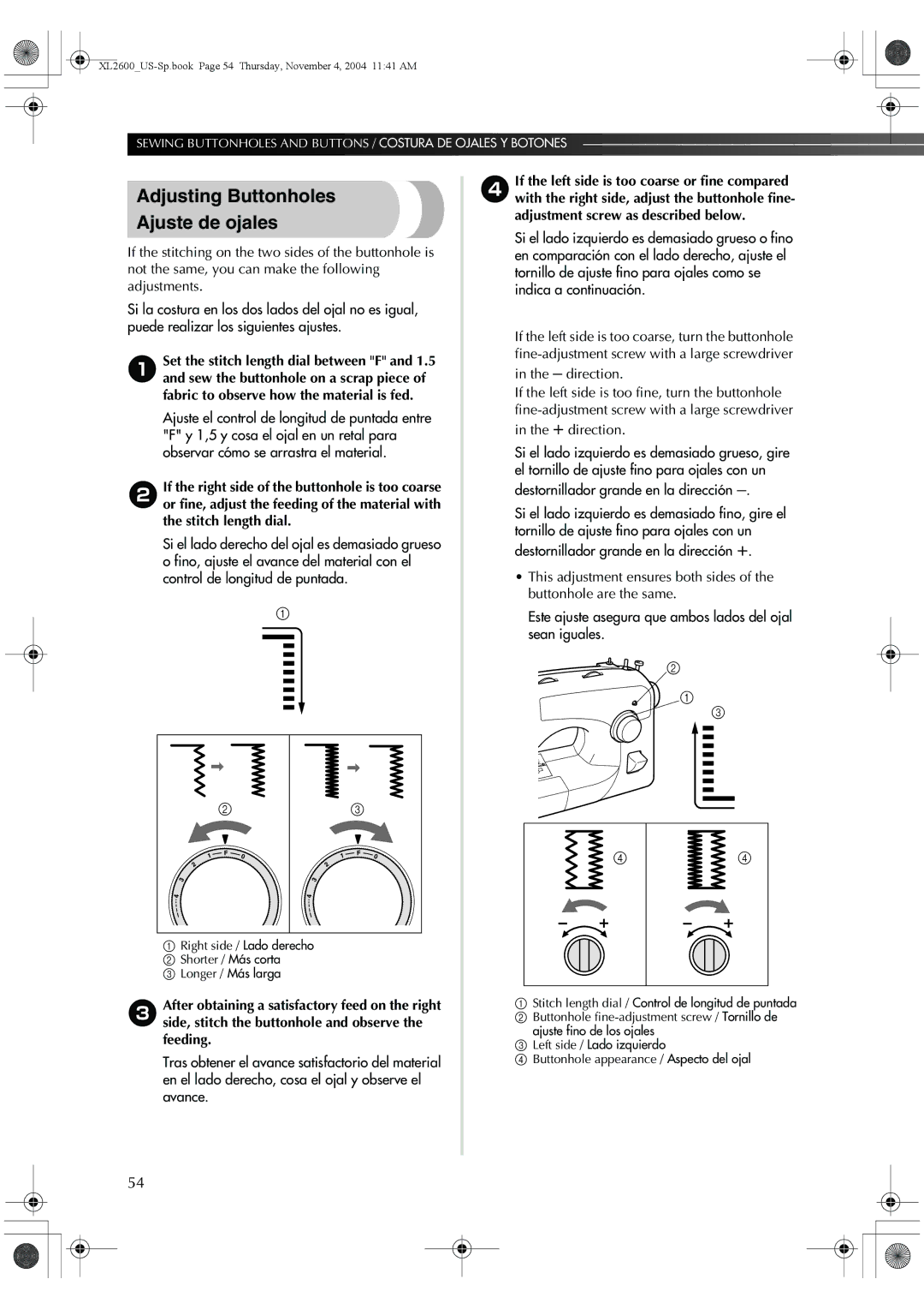 Brother 885-S27, BM-3500 operation manual Adjusting Buttonholes Ajuste de ojales 