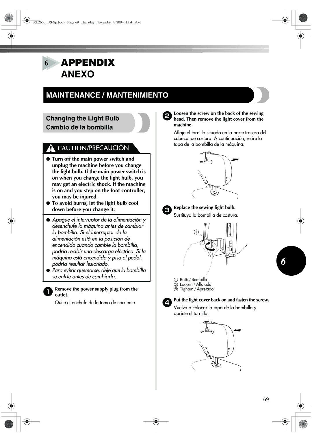 Brother BM-3500, 885-S27 operation manual Maintenance / Mantenimiento, Changing the Light Bulb Cambio de la bombilla 