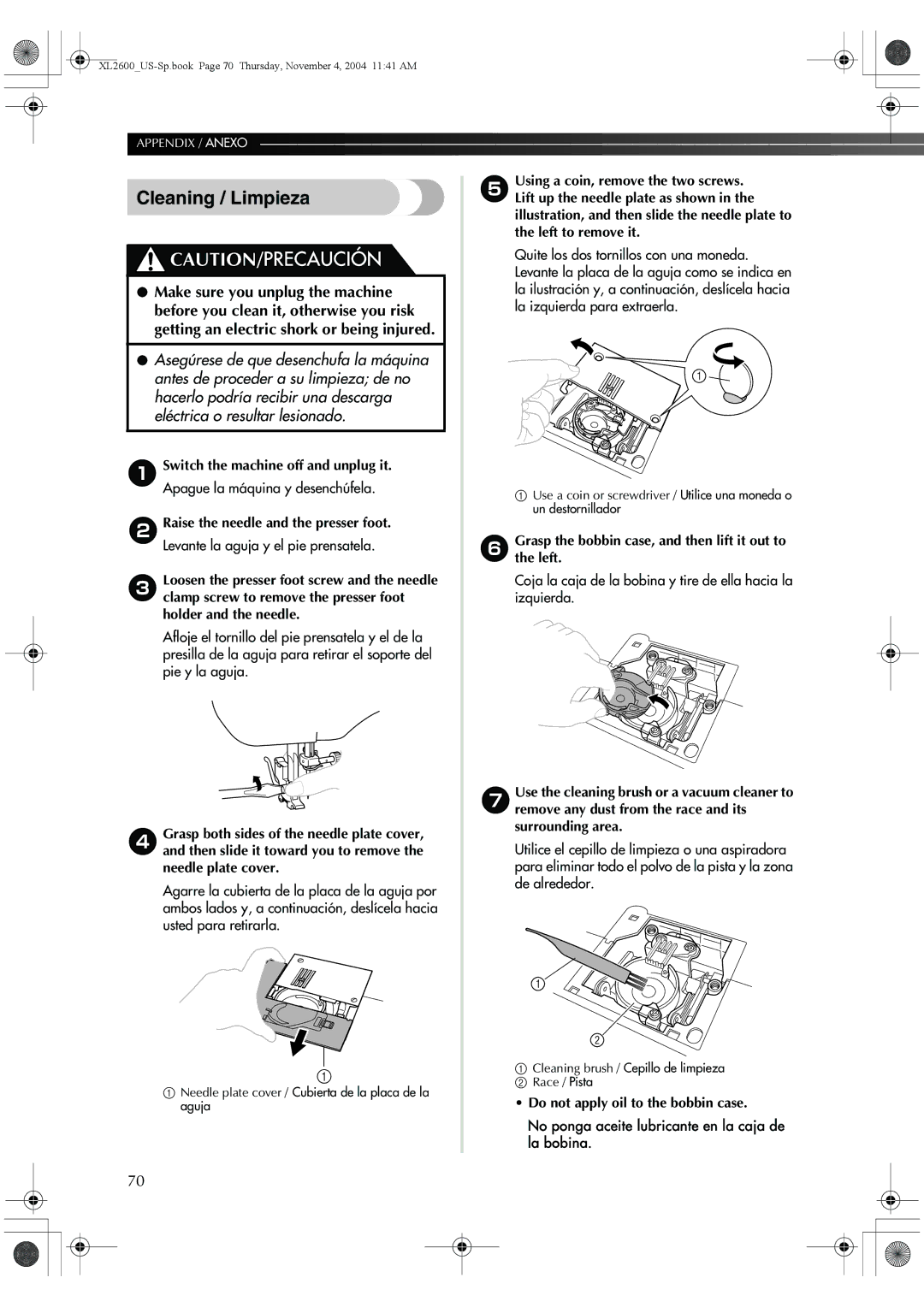 Brother 885-S27, BM-3500 operation manual Cleaning / Limpieza, Graspthe left.the bobbin case, and then lift it out to 