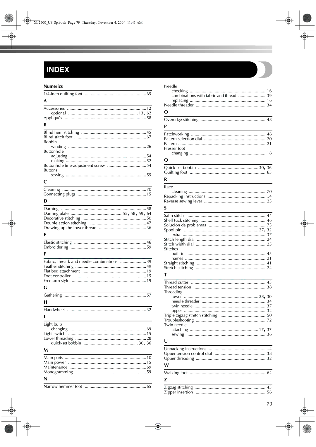 Brother BM-3500, 885-S27 operation manual Index, Numerics 