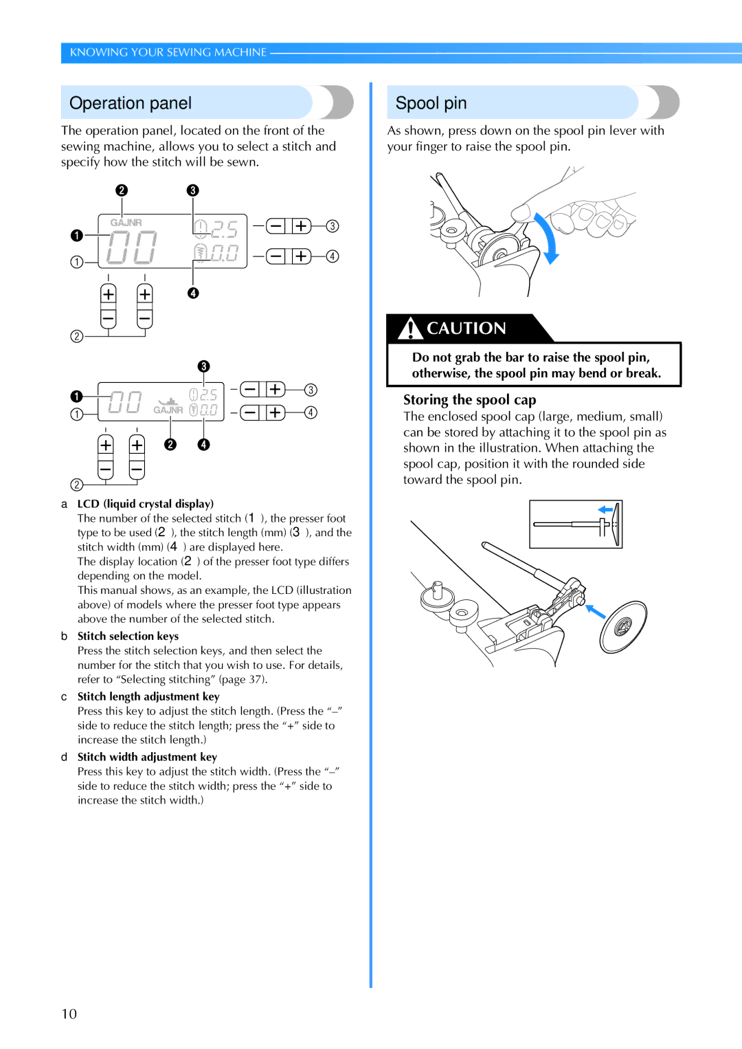 Brother Brother CP-6500 operation manual Operation panel, Spool pin 