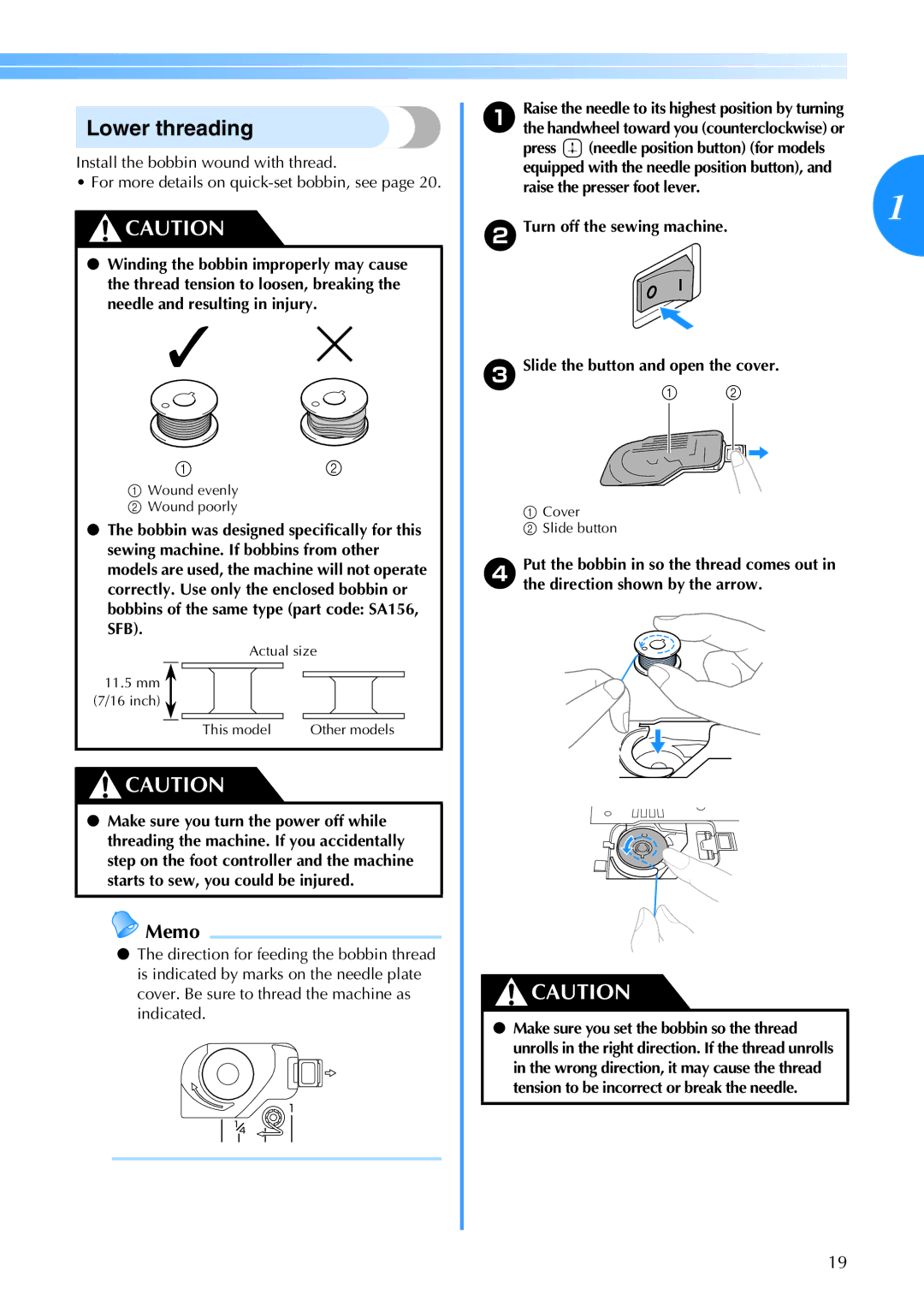 Brother Brother CP-6500 operation manual Lower threading, Actual size 11.5mm 7/16 inch This model 