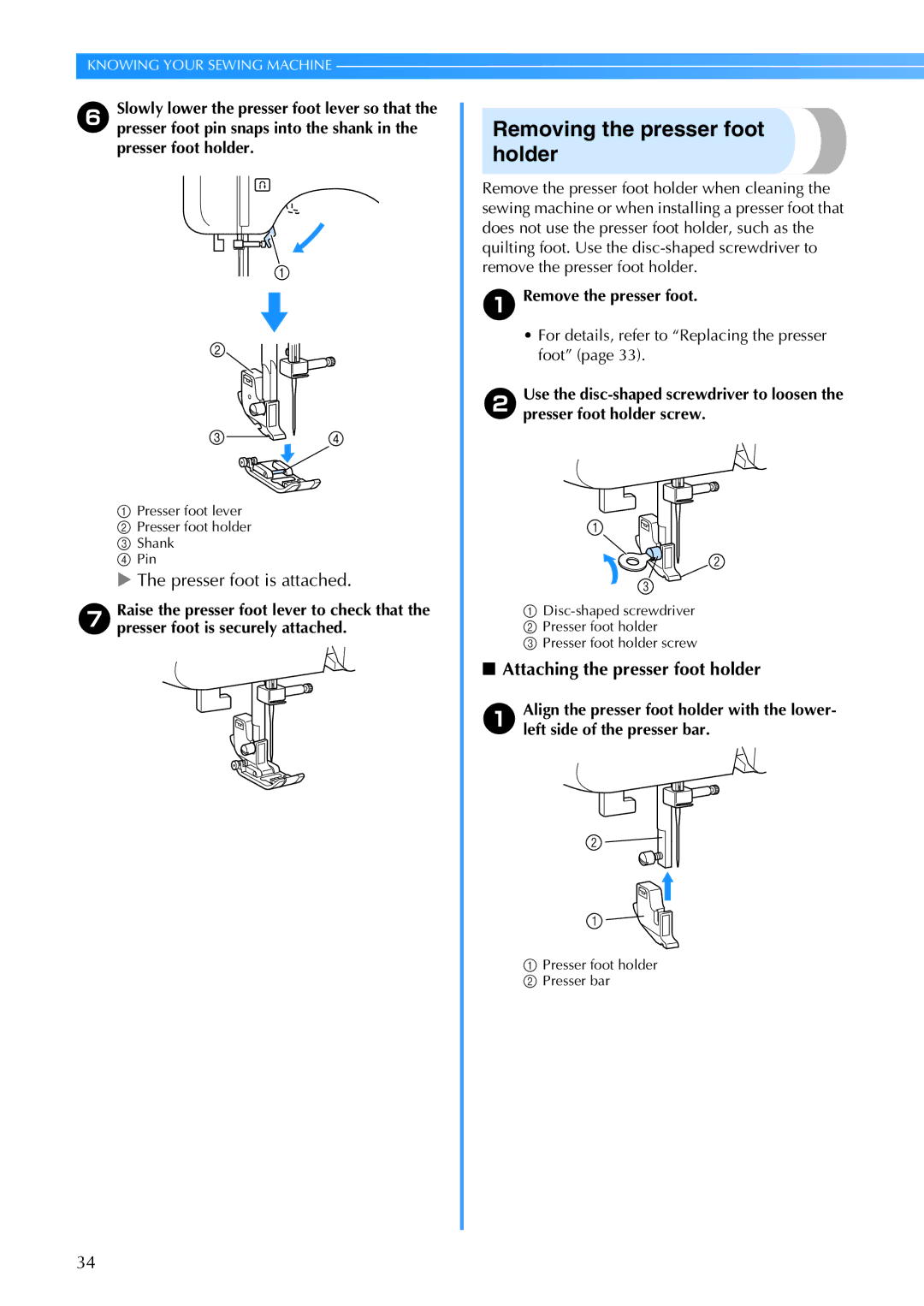 Brother Brother CP-6500 operation manual Removing the presser foot holder, Remove the presser foot 