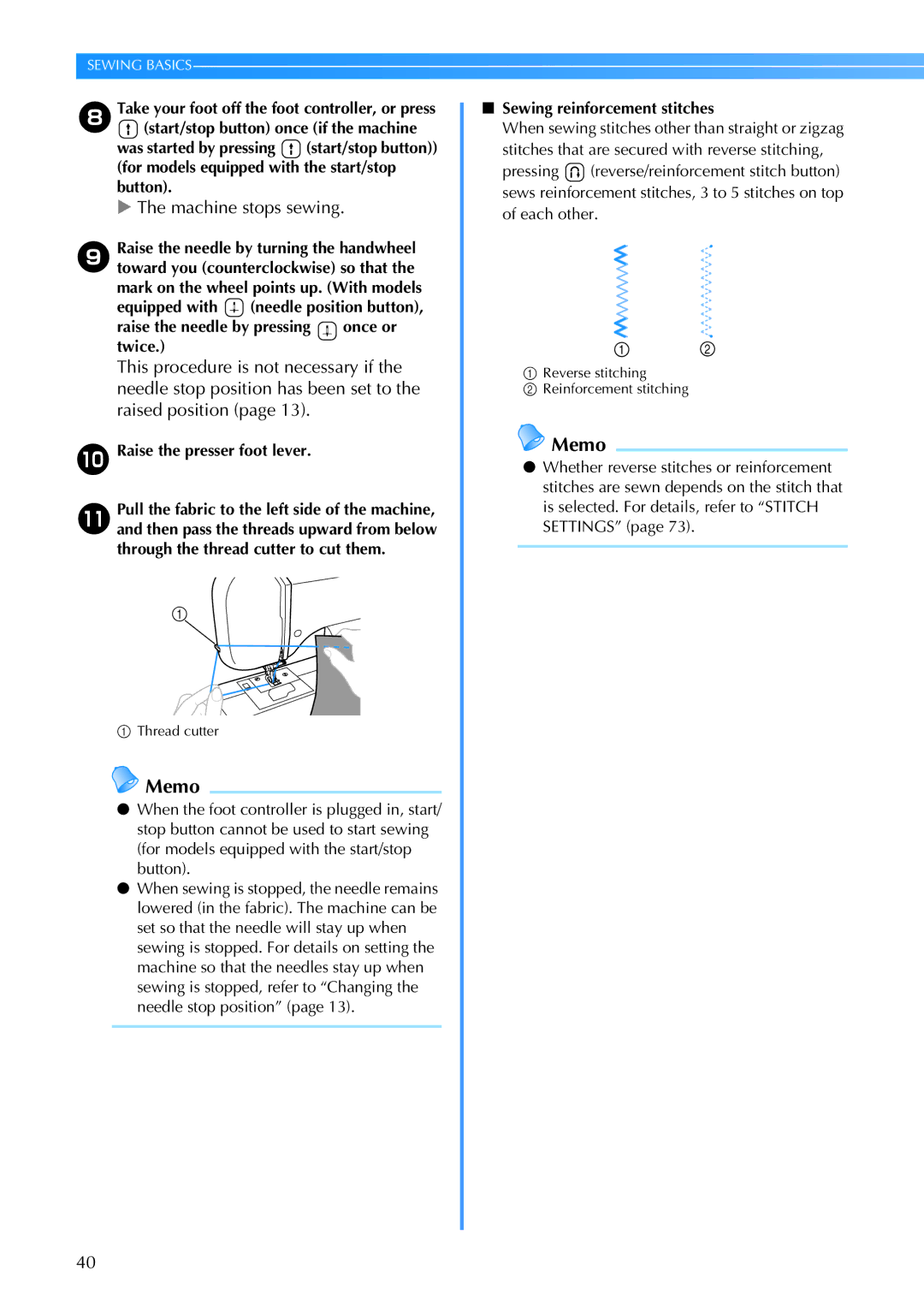 Brother Brother CP-6500 operation manual Raise the presser foot lever, Sewing reinforcement stitches, Each other 