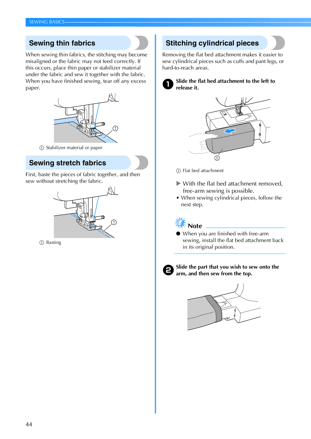 Brother Brother CP-6500 operation manual Sewing thin fabrics, Sewing stretch fabrics, Stitching cylindrical pieces 