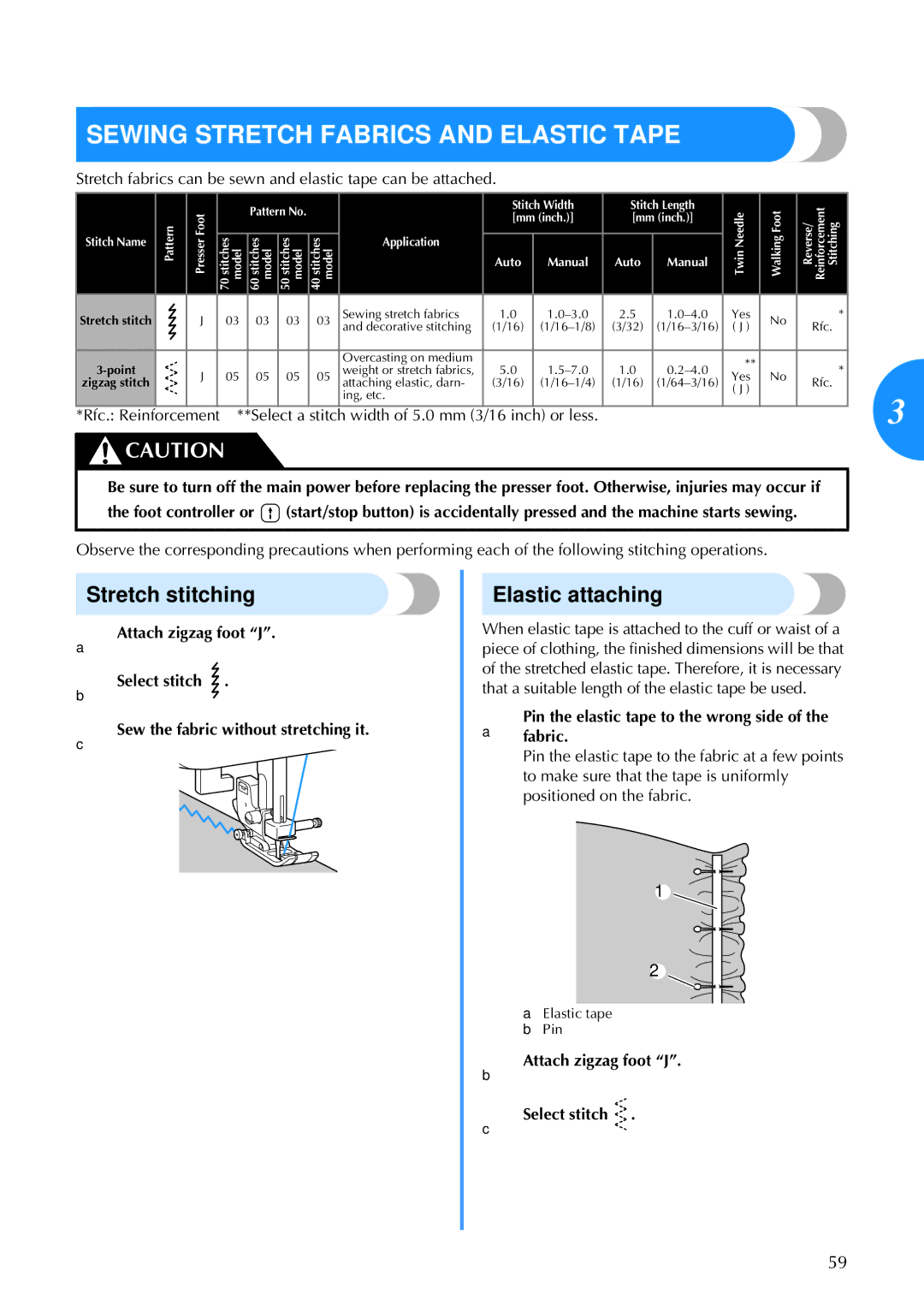 Brother Brother CP-6500 operation manual Sewing Stretch Fabrics and Elastic Tape, Stretch stitching, Elastic attaching 