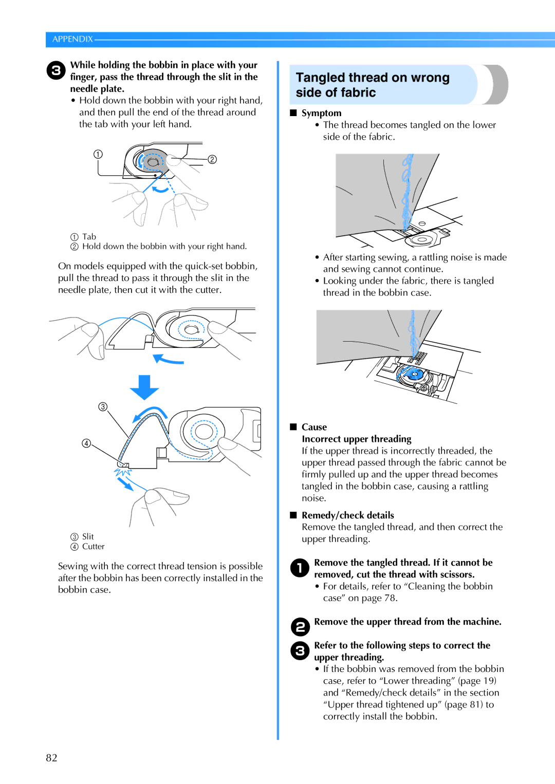 Brother Brother CP-6500 operation manual Tangled thread on wrong side of fabric, Symptom, Cause Incorrect upper threading 